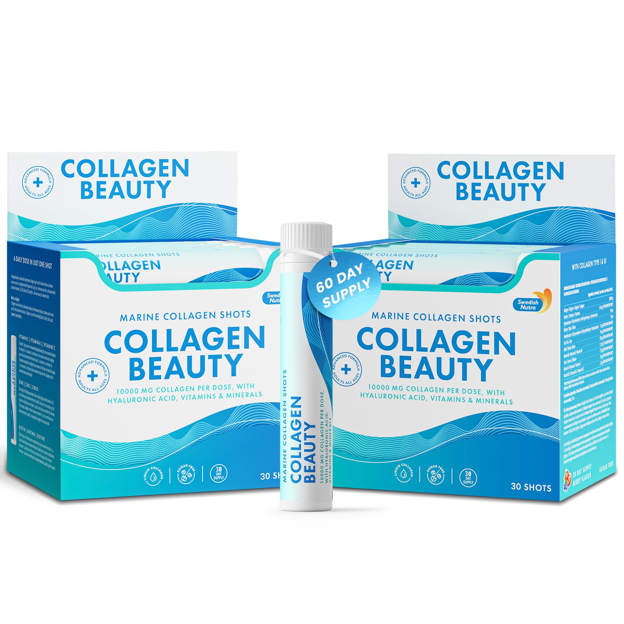 Swedish Nutra - Collagen Beauty|10,000 mg Hydrolyzed Marine Collagen Liquid Supplement-2 X 30 Packs, 60 Day Supply|Hyaluronic Acid and Vitamin C to Support Healthy Hair, Skin, Nails|Sugar-Free
