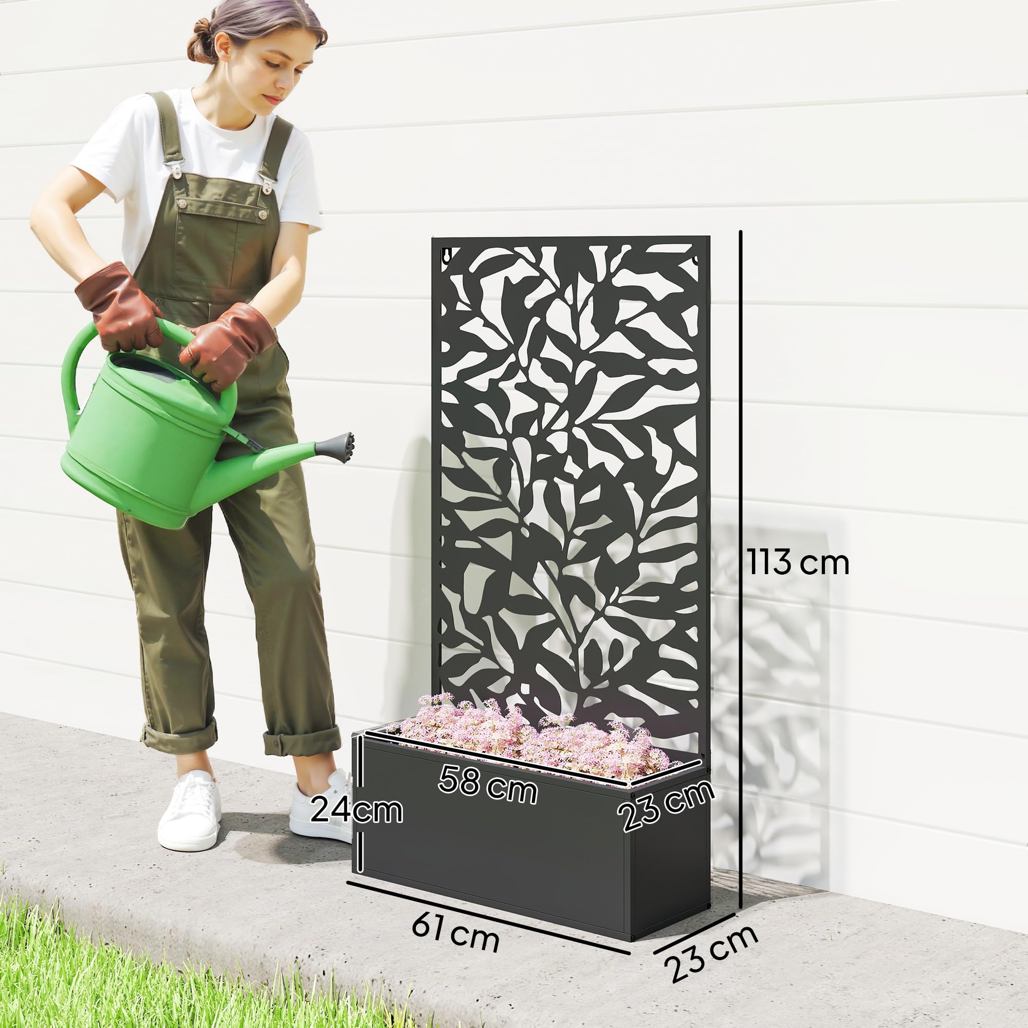 Outsunny Jardinera Exterior Grande de Metal Jardinera con Pantalla de Privacidad de Hojas Sólidas Decorativas Jardinera de Pared o Independiente para Patio Terraza 61x23x113 cm Negro