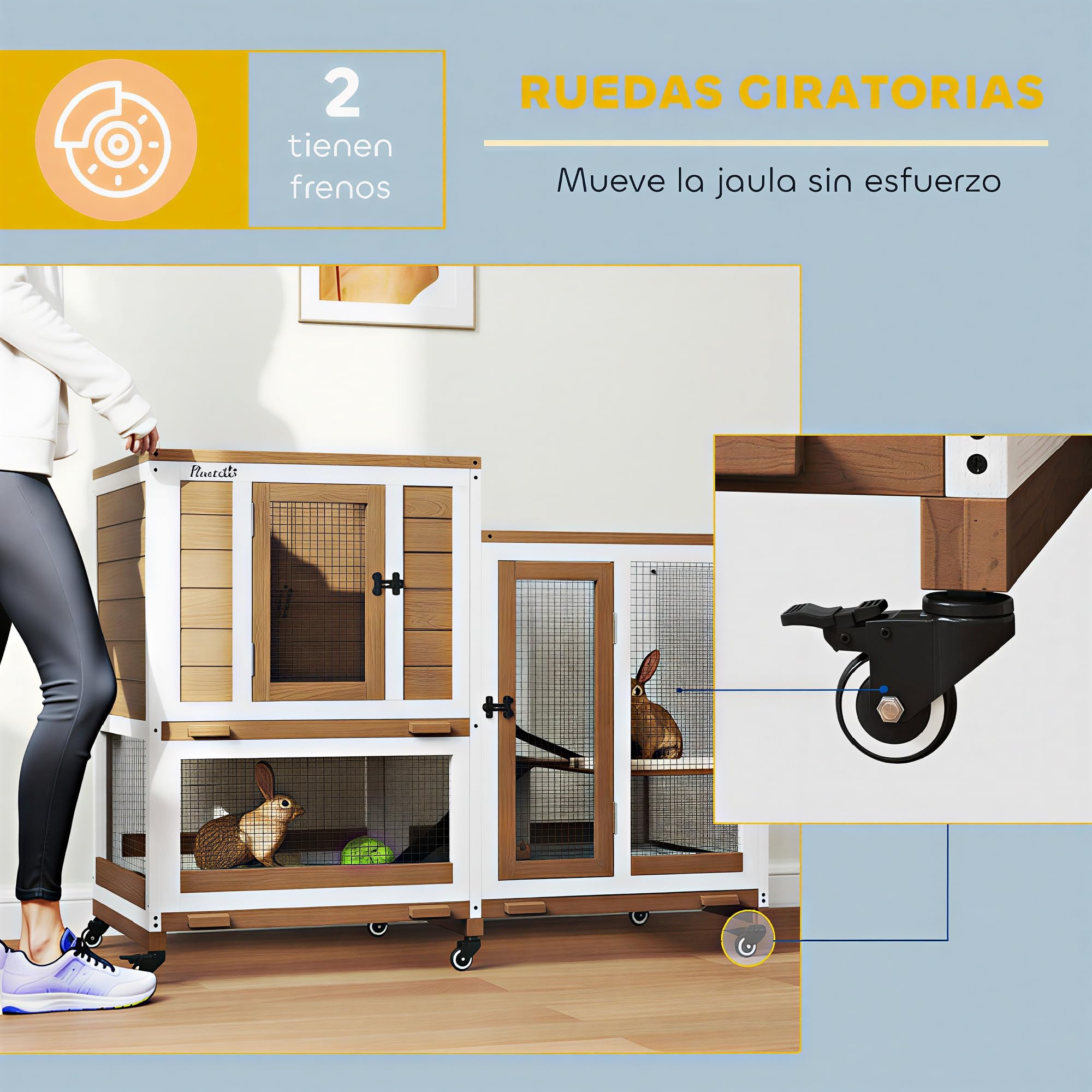 PawHut Conejera de Madera de 2 Niveles Jaula para Conejos con 6 Ruedas 2 Escaleras 3 Bandejas Extraíbles Puertas con Cerraduras y Zona Abierta Conejera para Interior 110x50x86 cm Marrón