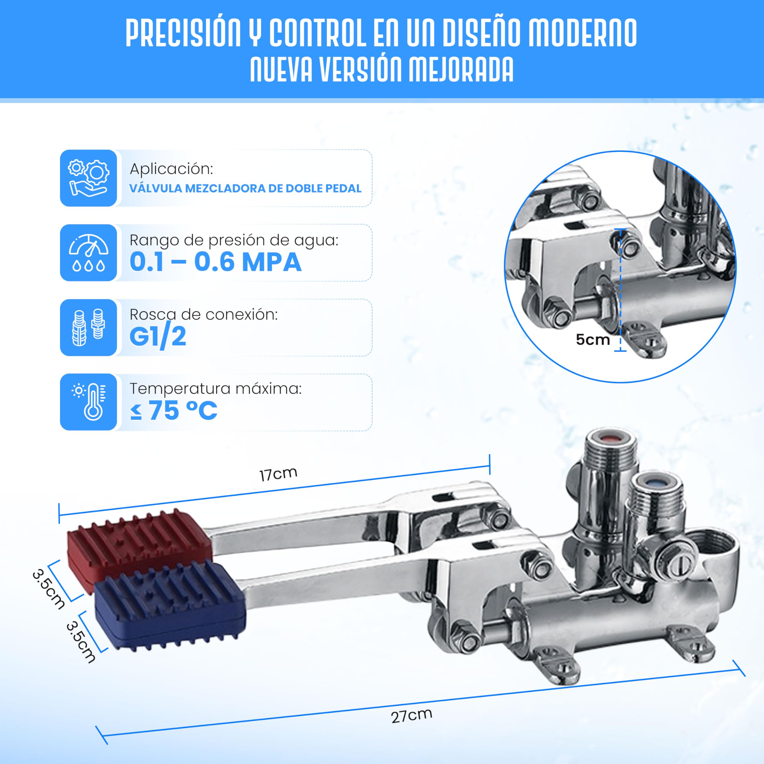 Grifo de Pedal Mezclador Doble (Agua Fría y Caliente) para Fregadero/Lavamanos – Ideal para Cocina, Baño e Industria Hostelería