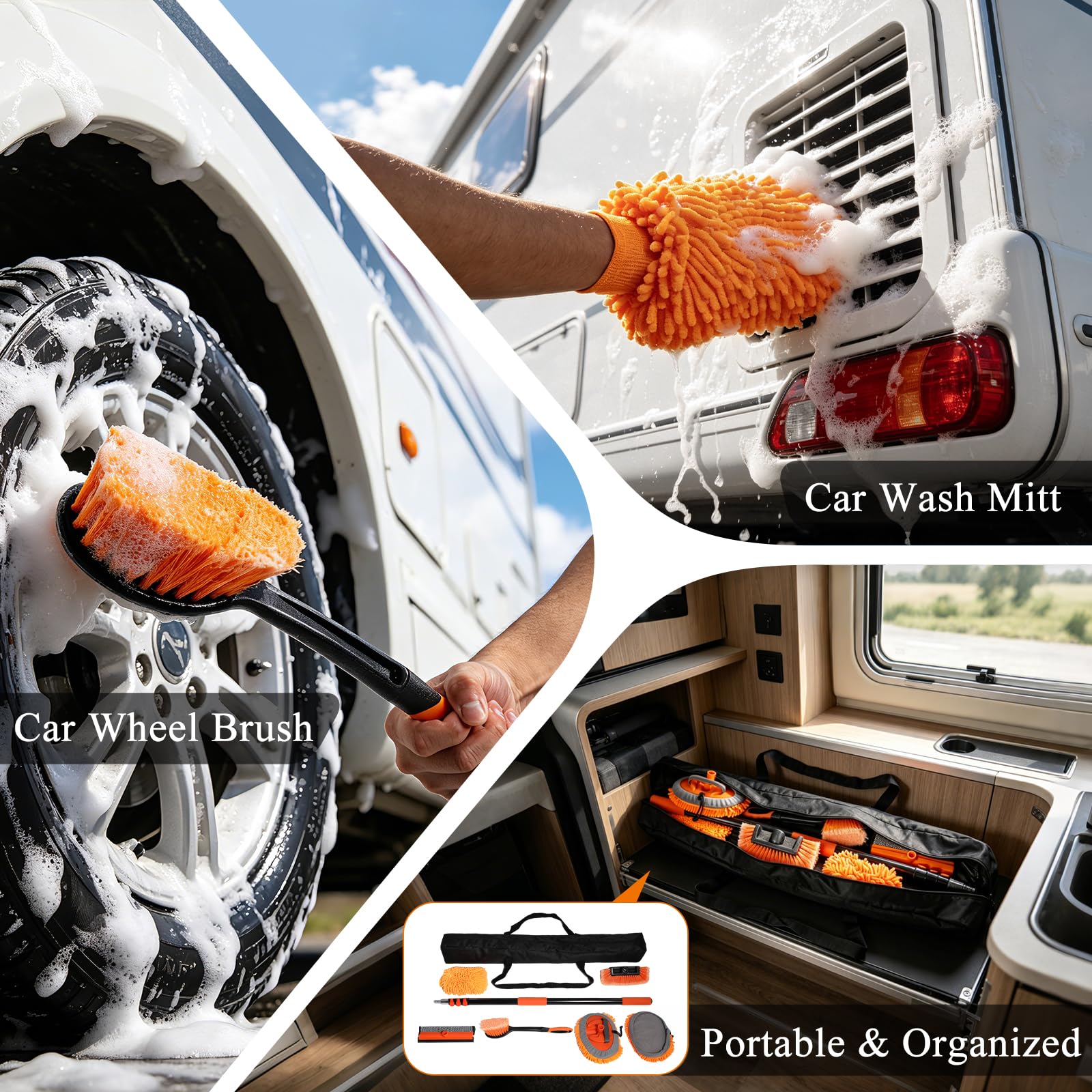 Kit de lavado de camión con mango largo, barra de extensión de 12 pies con cepillo de lavado de coche, fregona y escobilla de ventana, kit de limpieza exterior para RV, camión grande y coche