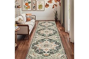 Boho Runner Rug 17"x47" Non Slip - Dark Green Washable Runner Rug