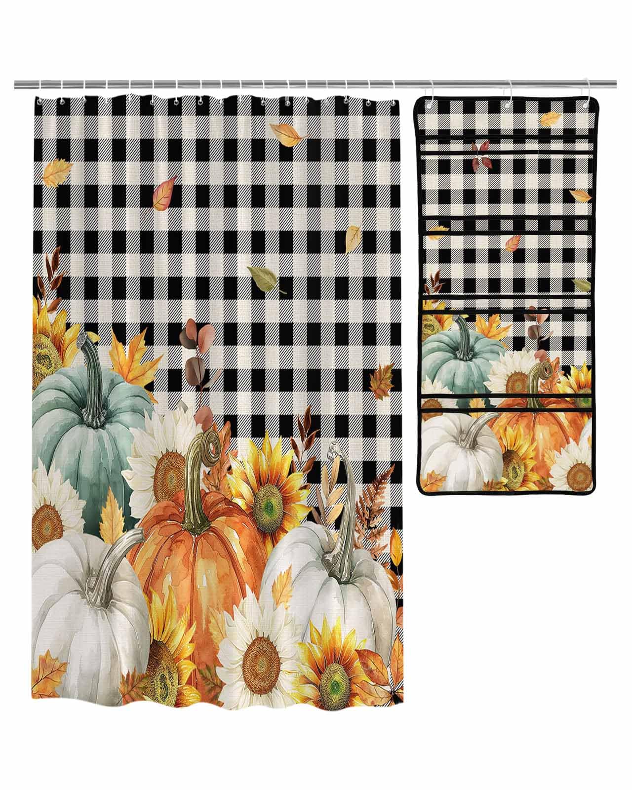 Decorative Shower Curtain Sets Thanksgiving Fabric Waterproof Shower Curtains Fall Sunflowers Pumpkin Maple Leaf Black White Check Mesh