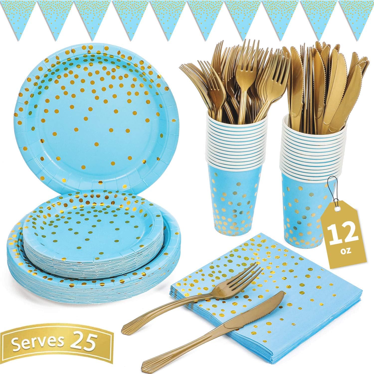 Blue and Gold Party Supplies 150PCS Golden Dot Disposable Party Dinnerware Includes Paper Plates, Napkins, Knives, Forks, 12oz Cups, Banner, for Baby Shower, Boy Birthday, Serves 25