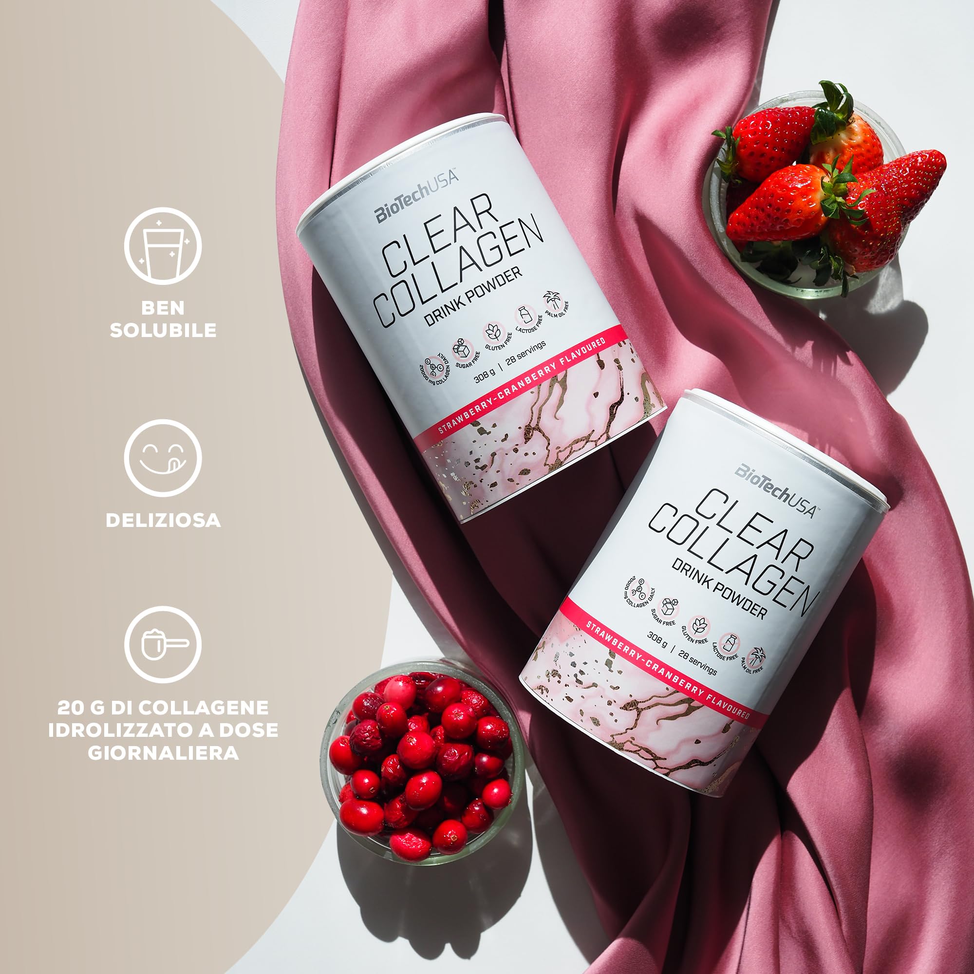 BioTechUSA Clear Collagen | collagene in polvere da bere | Vitamina C per la normale formazione di collagene | dissetante | facilmente solubile | 308 g, Fragola-Mirtilli Rossi