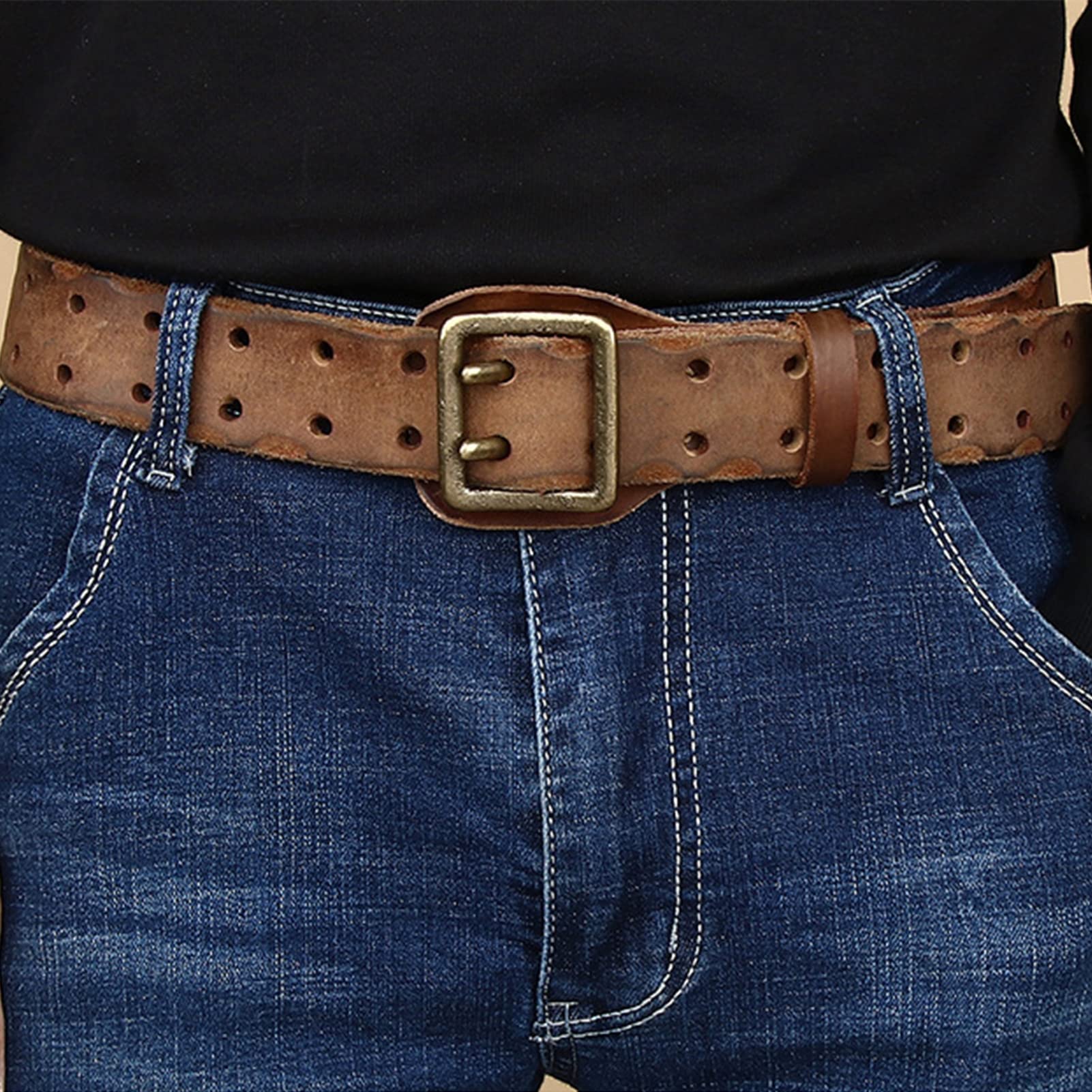 Cintura, resistente stile retrò in vera pelle spessa 4,5 mm con fibbia a doppio ardiglione in rame puro, larghezza 38 mm