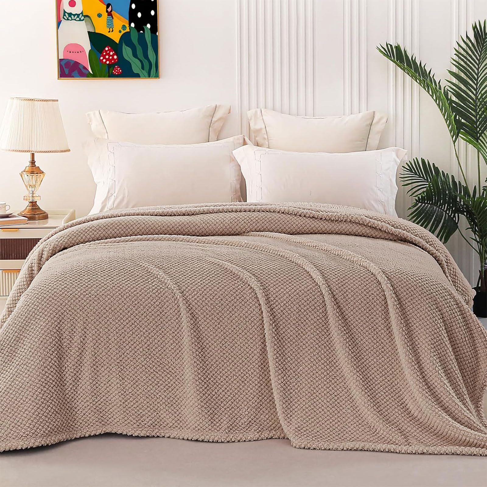 Manta Franela 125 x 180 cm Suave, Caliente, Transpirable Manta para Sofá Invierno Grande para Sofá, Cama, Viaje, Caqui