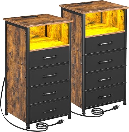 LOAKEKEL Juego de 2 mesitas de noche LED, mesita de noche con estación de carga, cómoda alta con 4 cajones de almacenamiento, mesas auxiliares con