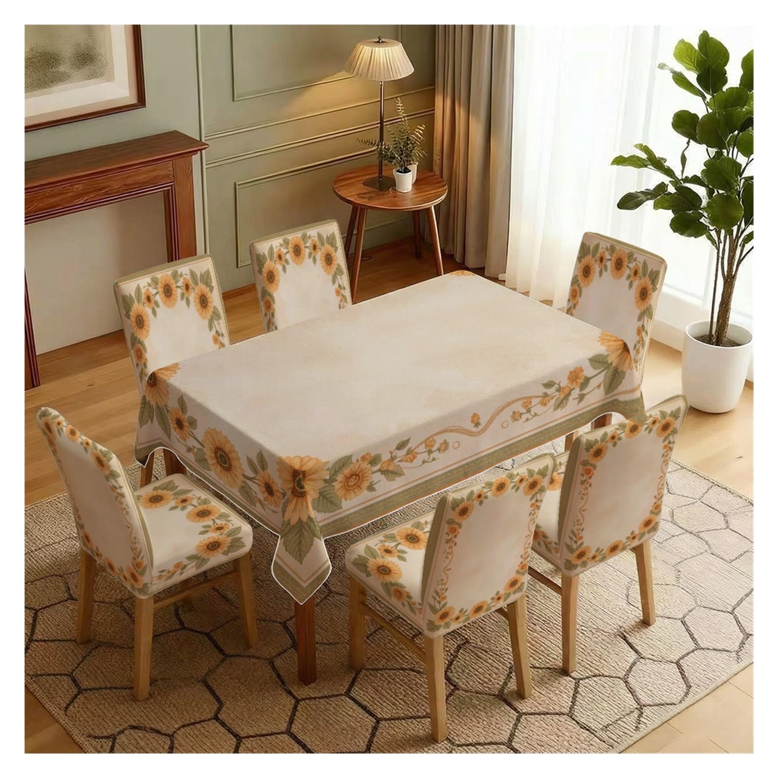 BOSUYBN Beige Sunflower Wreath Dining Chair Covers & Tablecloth Set, 5/7 Piece Country Style Slipcovers For Warm Home Decor Table Setting(7pcs Set: Tablecloth+Chair Covers)