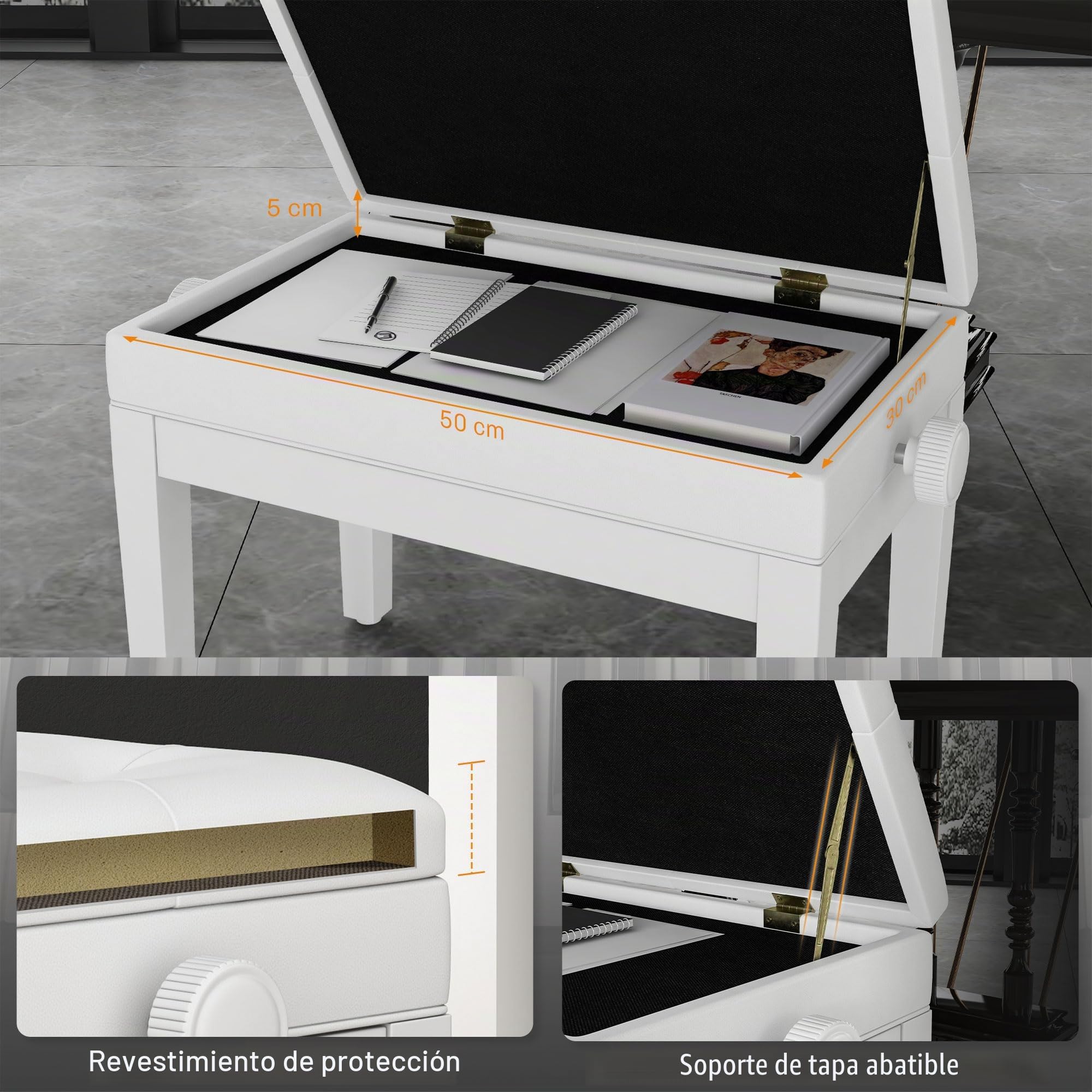 HOMCOM Banco de Piano Ajustable Altura, Cuero PU Suave Acolchado Blanco