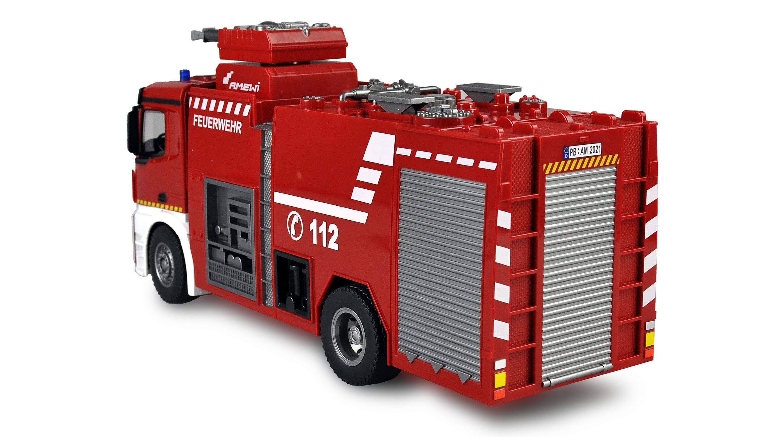 Amewi 22503 Mercedes Benz pojazd strażacki – licencjonowany pojazd 1:18 RC model ciężarówki 100% RtR w zestawie, czerwony