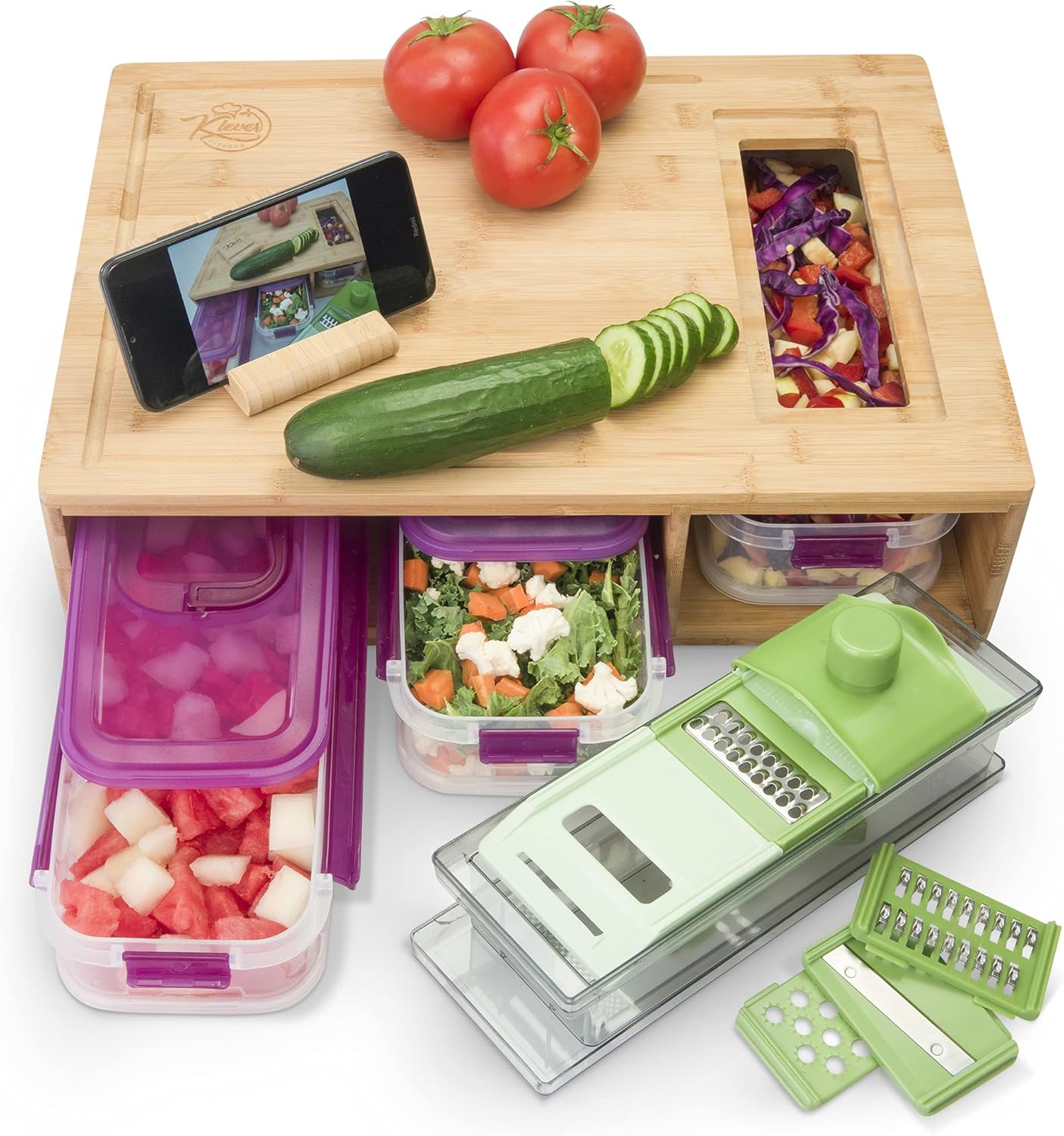 Klever Kitchen Premium Bamboo Cutting Board with Stackable Containers