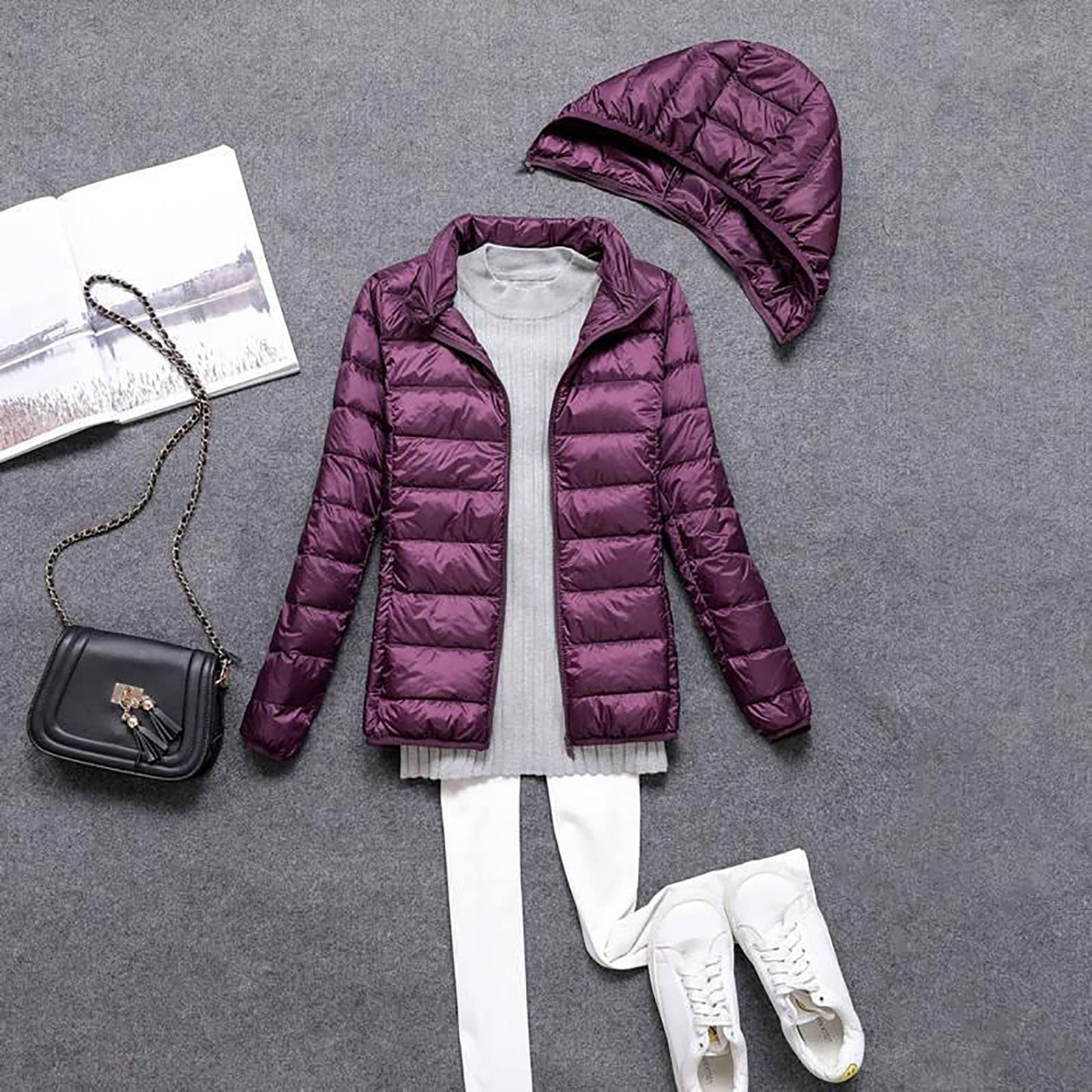 Piumino Donna 100 Grammi Caldo Antivento Invernali Giubbotto Ripiegabile Imbottito Leggero Piumini Con Cappuccio Manica Lunga Comodo Mezza Stagione Cappotto Cerniera Elegante Giacca Casual