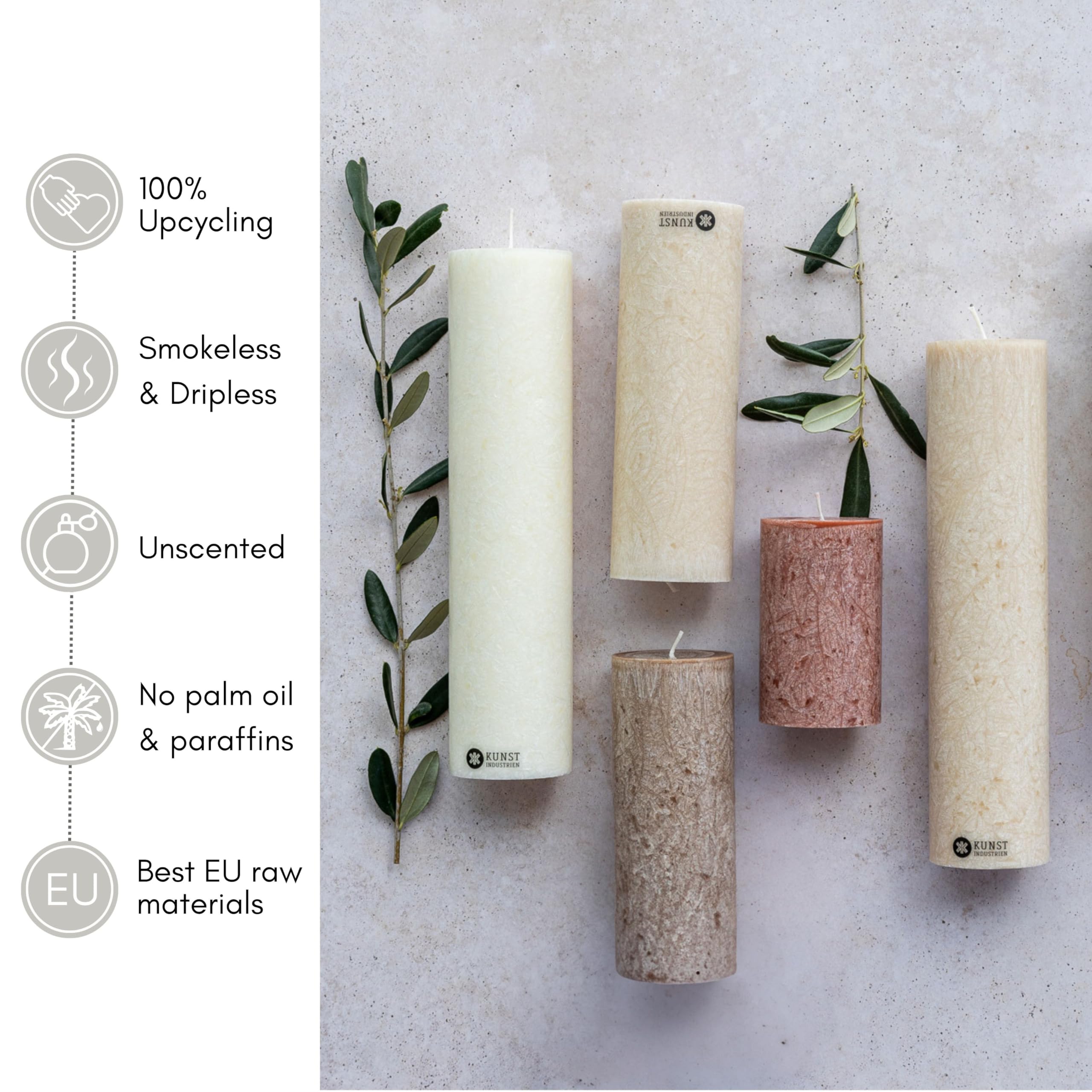Kunstindustrien® Pillar Candle, Handmade in Europe, 3 Pack, Vegan, 100% Upcycled Olive Wax, Candles Long Burning 68hrs - Image 2
