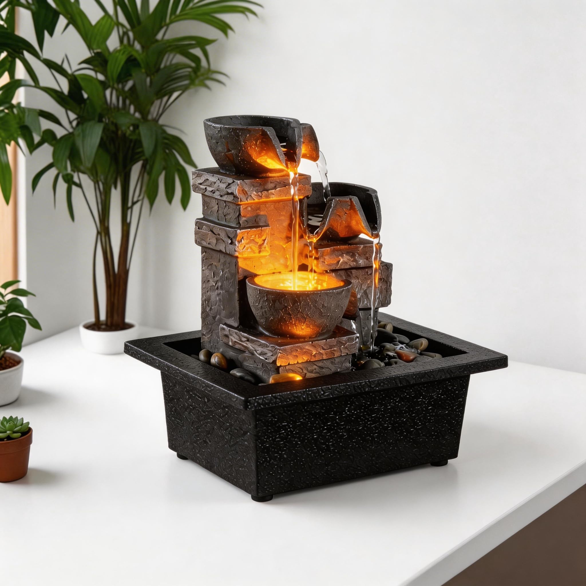 MAOCHI Fontaine d'intérieur à 3 bassins, son apaisant, fontaines de table pour la maison/le bureau avec roches naturelles de rivière lumières LED pompe d'arrosage automatique (22044A)