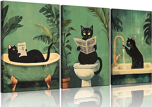 3 piezas divertidas de lienzo de baño de gato negro, arte de pared vintage de gato lavado sus patas de lectura pósteres de periódicos impresiones