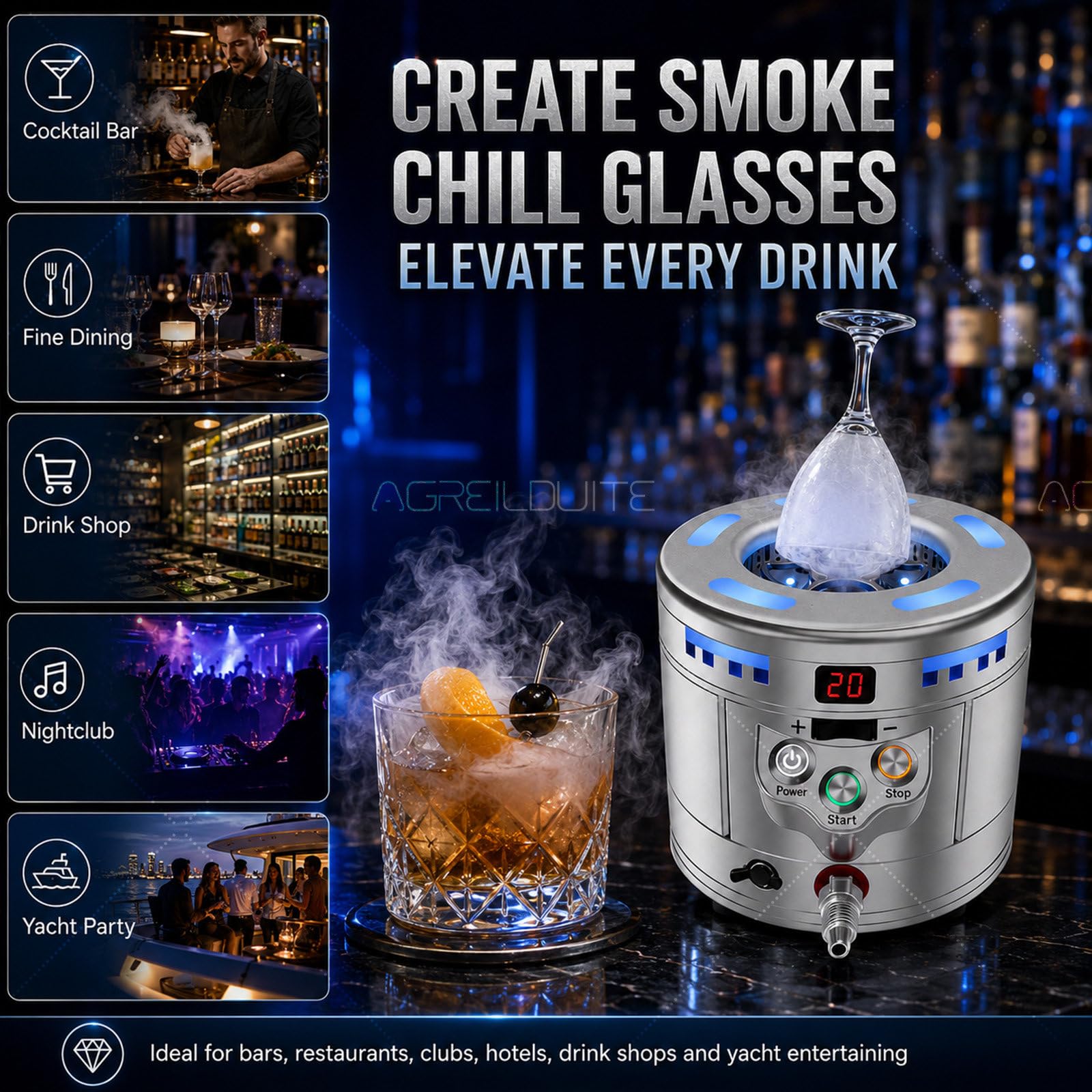 Enfriador de vidrio 2 en 1 de enfriamiento rápido y máquina de hielo seco, equipo profesional de bar para cócteles, cerveza, vino, exhibiciones de alimentos, eventos