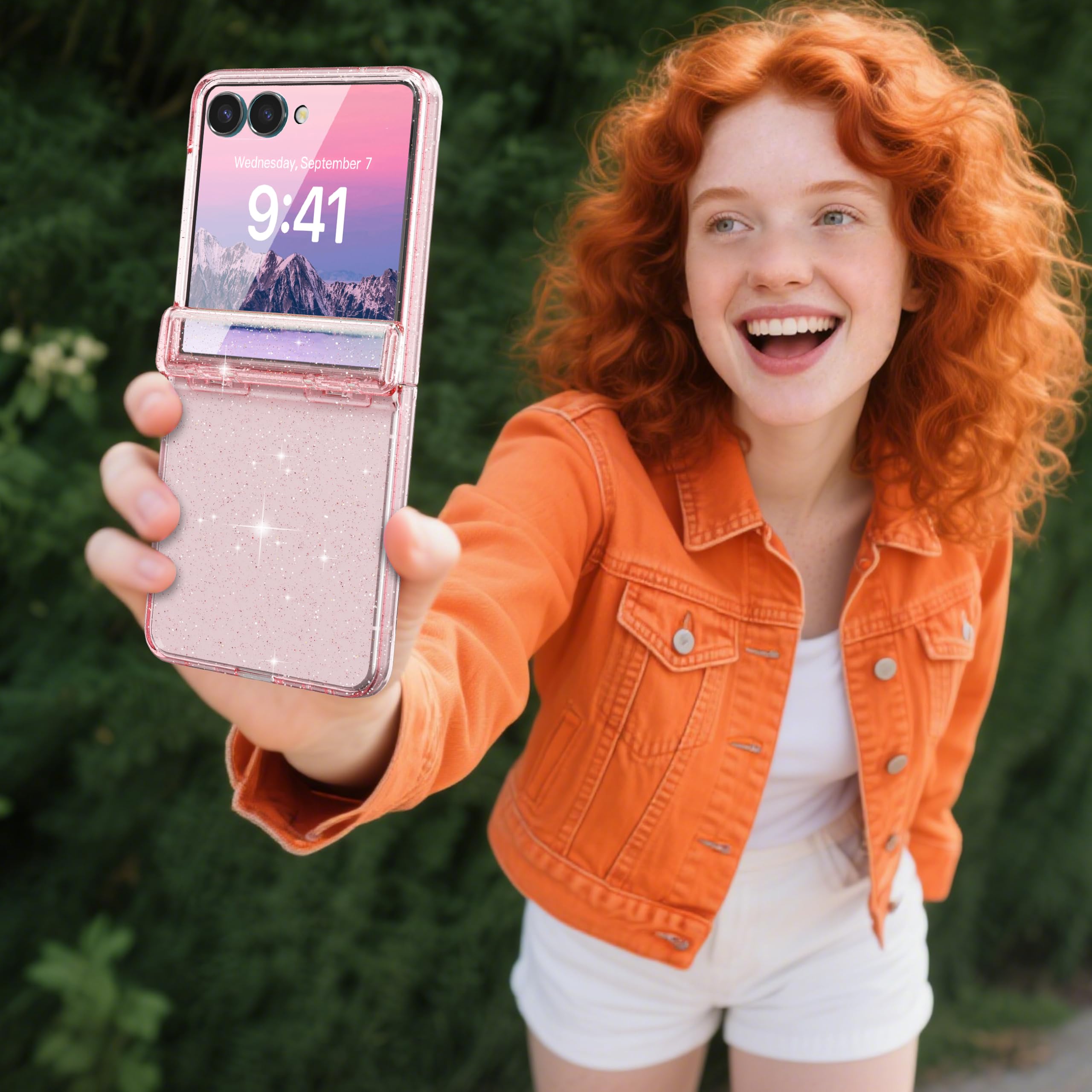 FABSPARK Schutzhülle für Samsung Galaxy Z Flip 7, integrierter Displayschutz, Scharnierschutz, funkelnder Glitzer, kristallklar, transparent, schmale Passform, Acryl, hartes Polycarbonat für Samsung Z