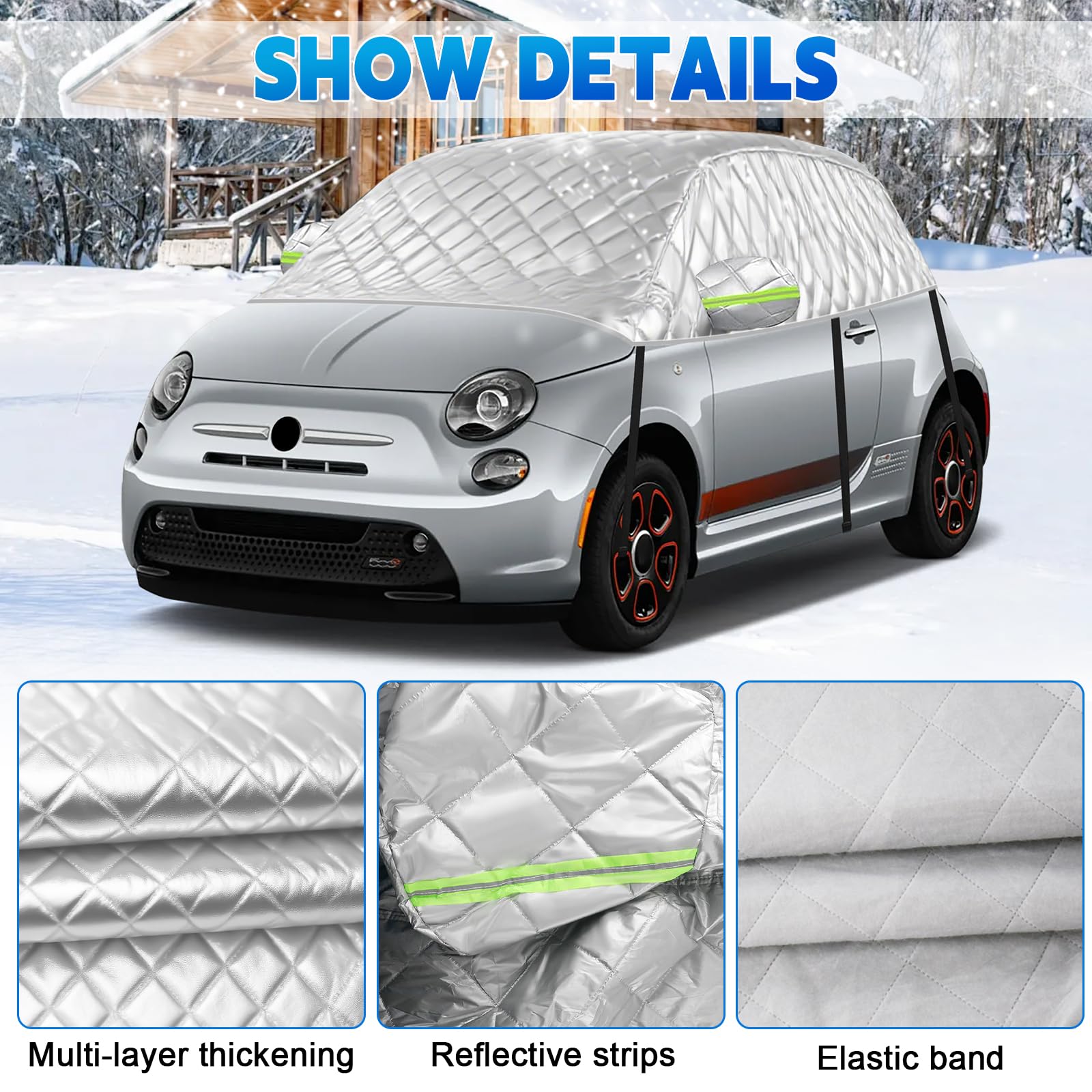 Halbe Autoabdeckung Schrägheck Universalmodell 300X150X49cm, Verdickte Halbgarage Wasserdicht Ersatz für FIAT 500/Abarth 595, für Up/Seat MII, für Picanto/Citroen C1, Anti-Hagel und Anti-Schnee