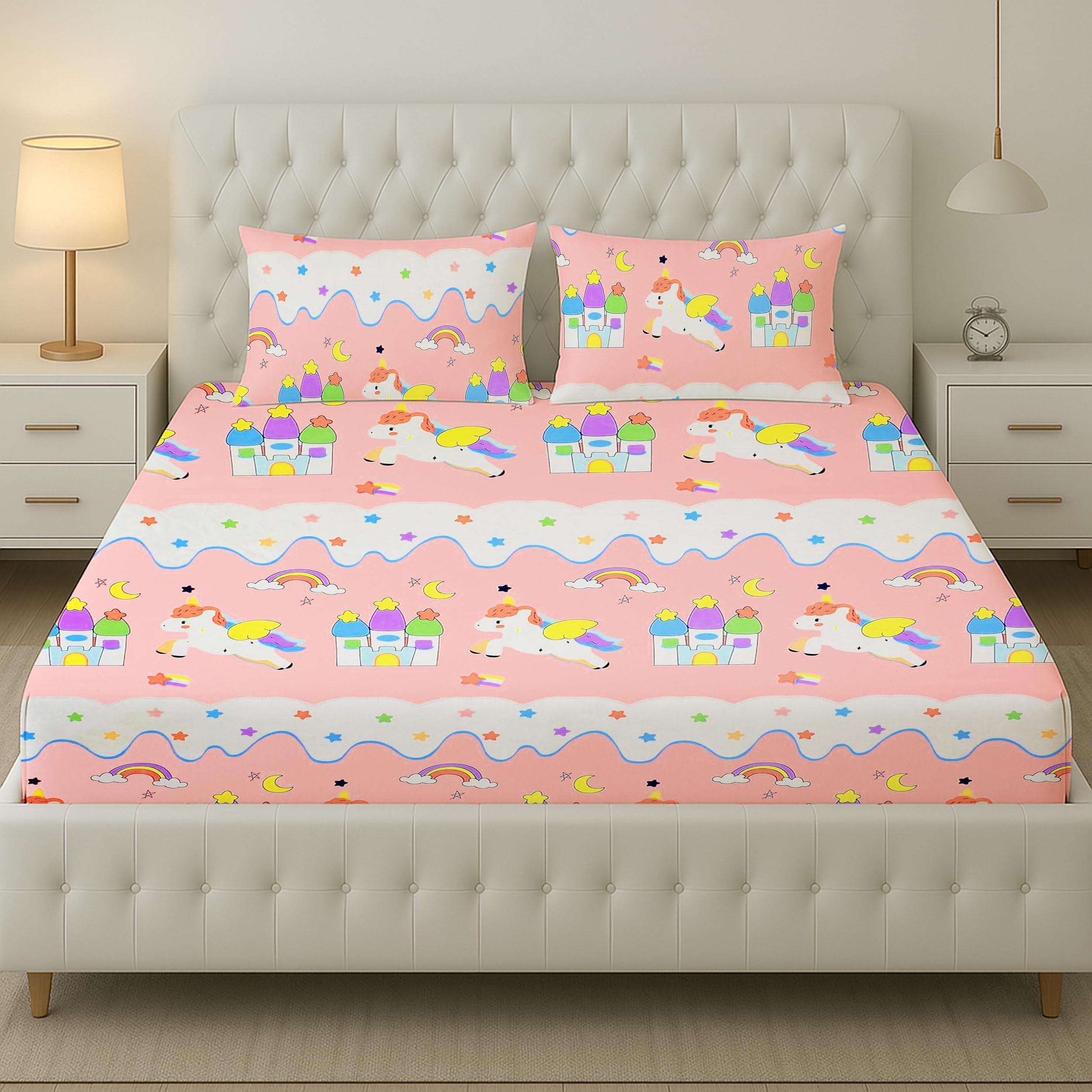 Unicorn Star Bed Sheet for Girls Kid bedsheet for Double Bed Microfiber Cartoon bedsheet 240 TC Soft | Queen Size (90x90 Inches/Boys and Girls Room)(Peach)