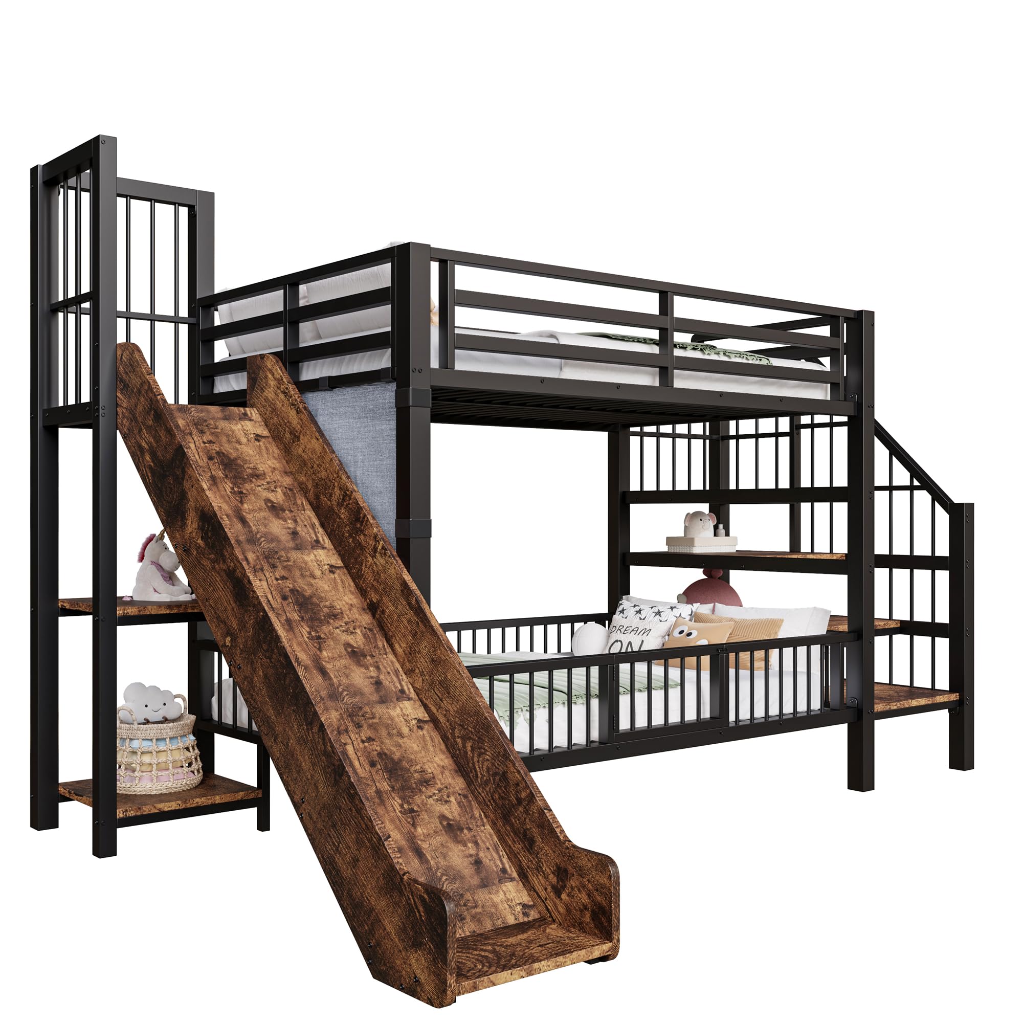 Merax Metall-Etagenbett 90×200 cm, mit Rutsche, Stauraumtreppe, Schutzgitter, integrierten Regalen, platzsparendes Kinderbett, Etagenbett für Jungen & Mädchen, Schwarz (ohne Matratze)