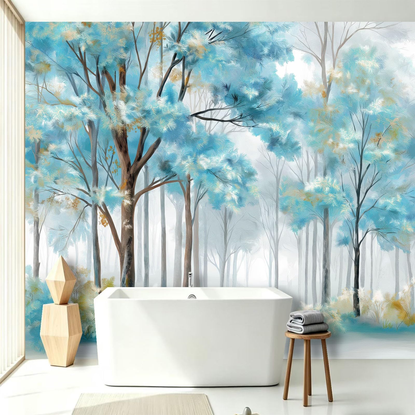 Papel pintado fotográfico de niebla de árboles, 300 x 210 cm (ancho x alto) no tejido, mural de pared abstracto bosque acuarela para cocina, comedor, oficina, papel pintado decorativo