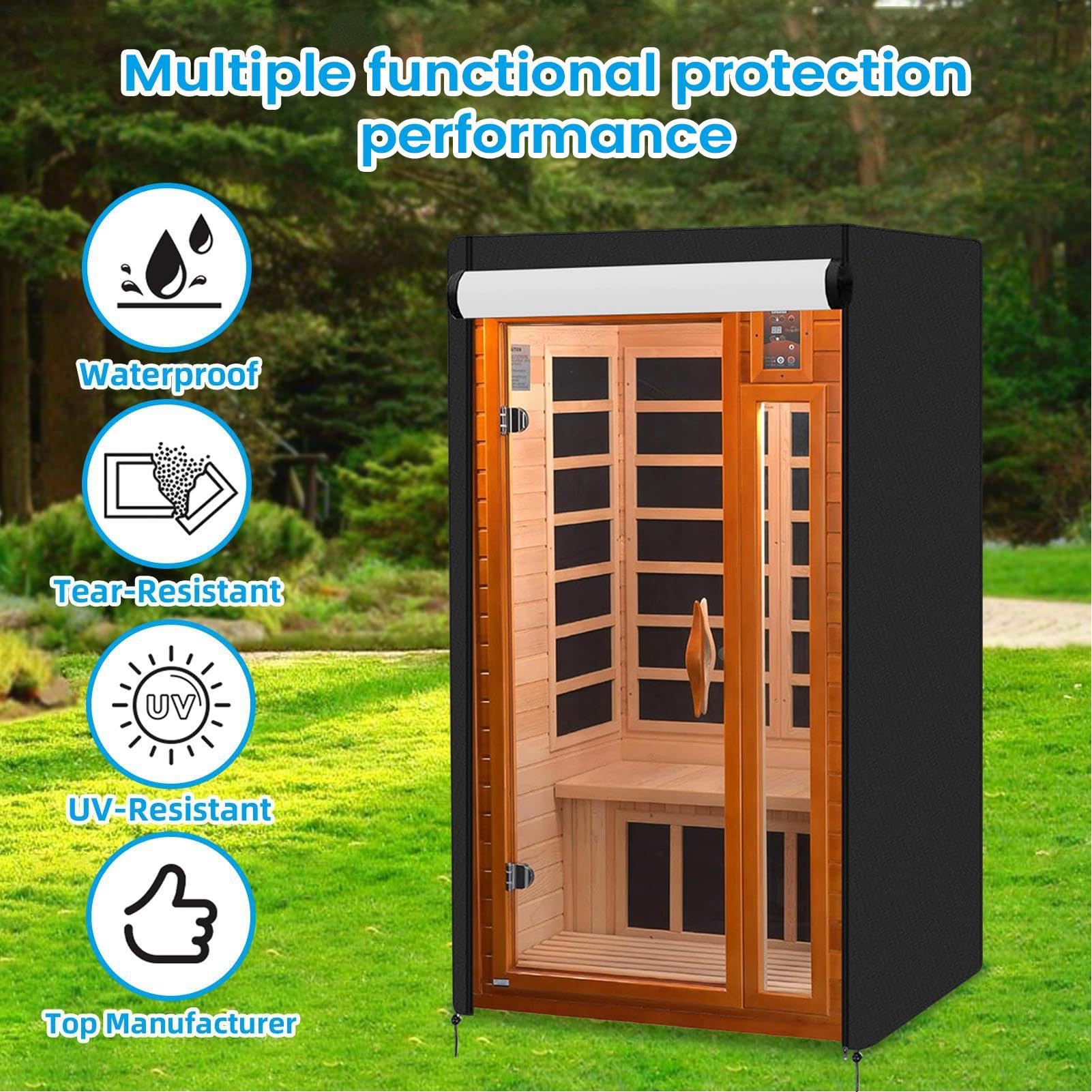 Abdeckhaube für Outdoor Sauna Wasserdicht - UV-beständig & Reißfest Schutzhülle - Premium Oxford-Gewebe Gartensauna Abdeckung Schwarz - Staubdicht & Wetterfest für Infrarotkabine & Heimsauna