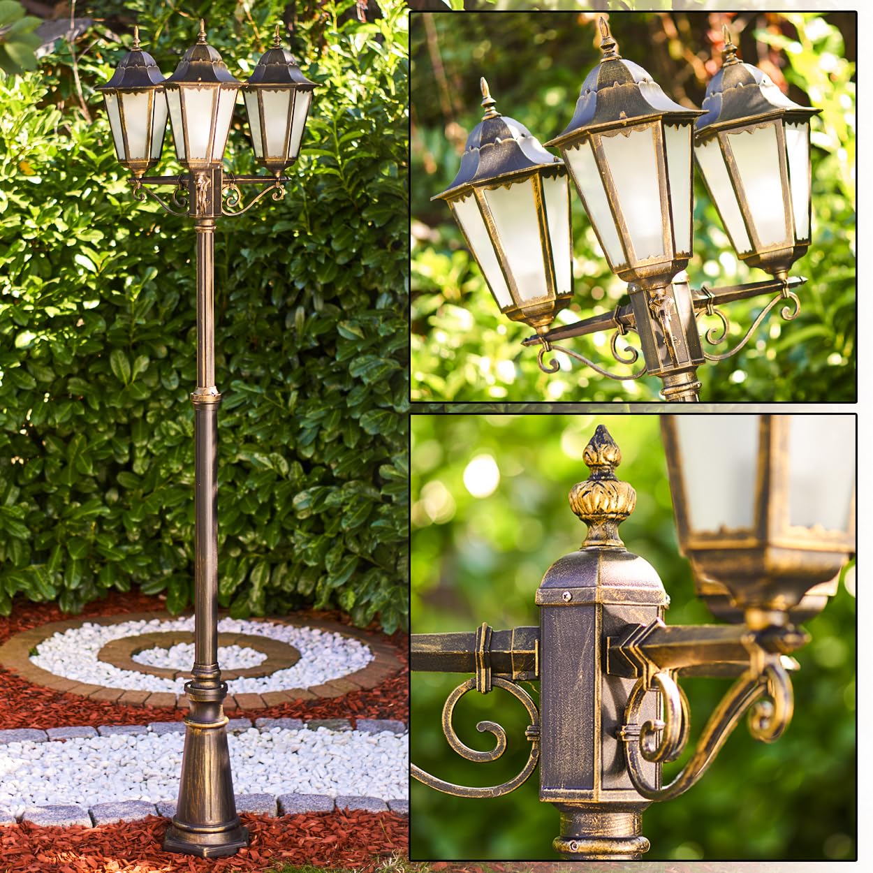 Outdoor lamp Hong Kong Frost, Candelabra in Antique Look, cast Aluminium in Brown/Gold with Frosted Glass panes, 3-arm Pathway lamp, Height Adjustable, Vintage Garden lamp, E27, IP44, Without Bulbs