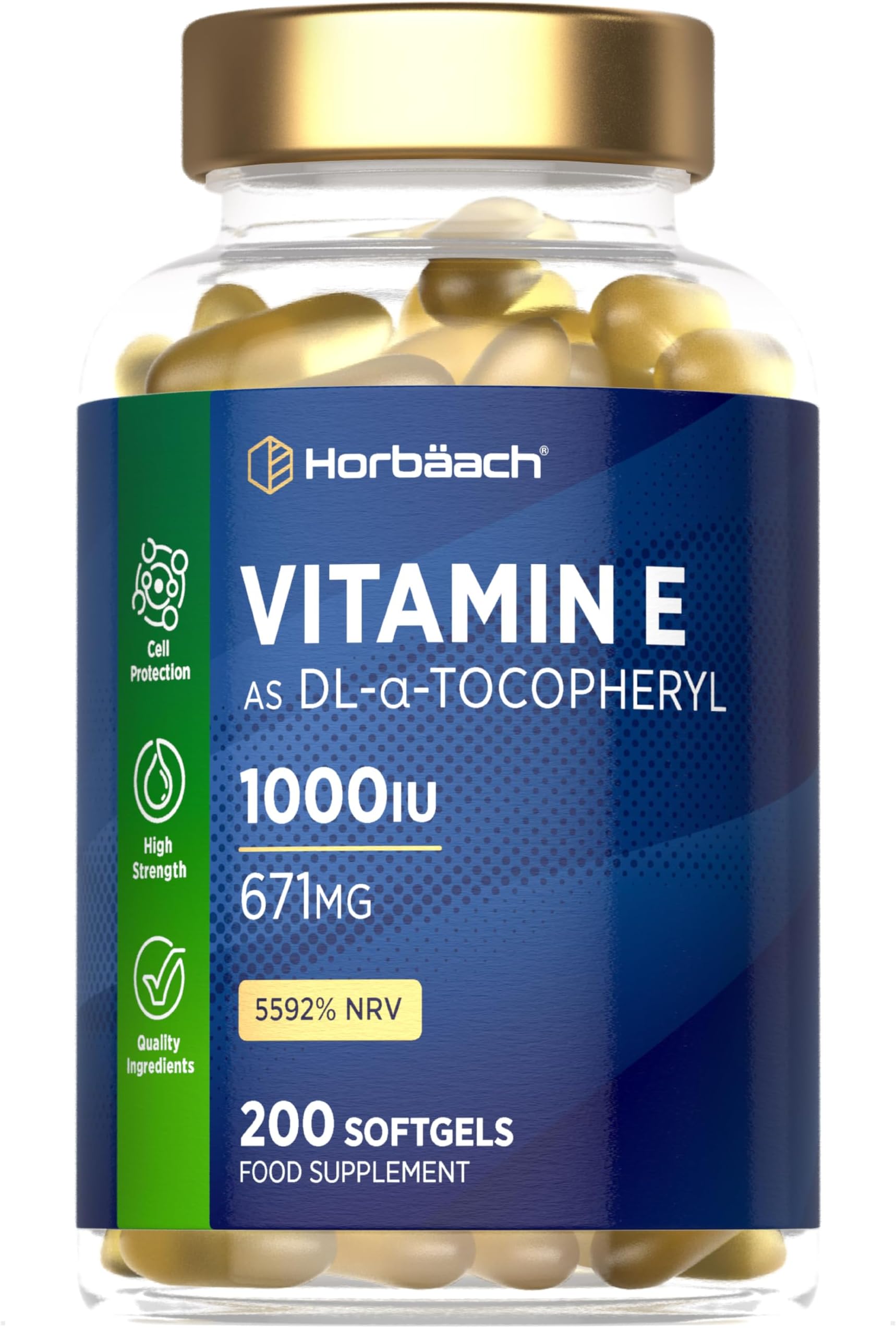 Vitamin E Capsules High Strength 1000iu | 200 Count | Vitamin E as DL-Alpha Tocopheryl Acetate | No Artificial Preservatives | By Horbaach