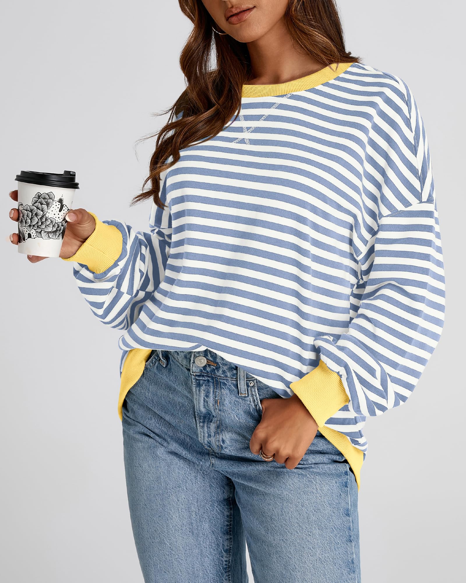 BTFBM Womens Oversized Striped Sweatshirt Crewneck Long Sleeve Pullover Top Casual Y2K Fall Clothes 2025 Workout Shirt