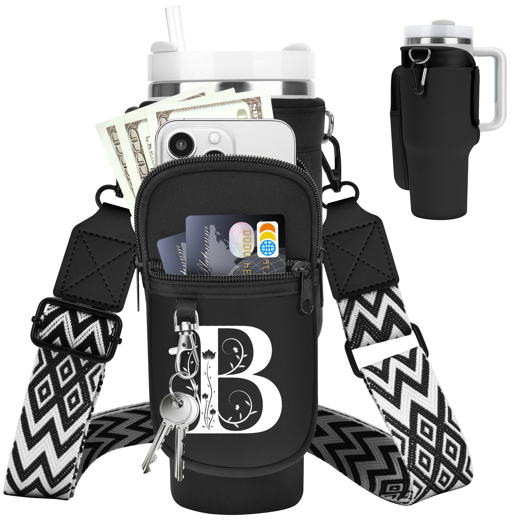 LOKASSfor Stanley Cup Accessories 40 oz Water Bottle Carrier Bag with Phone Pocket for Stanley Tumbler Holder with Strap, Personalized Gifts with Floral Initial A-Z for Women/Girls/Stanley Cup Fans