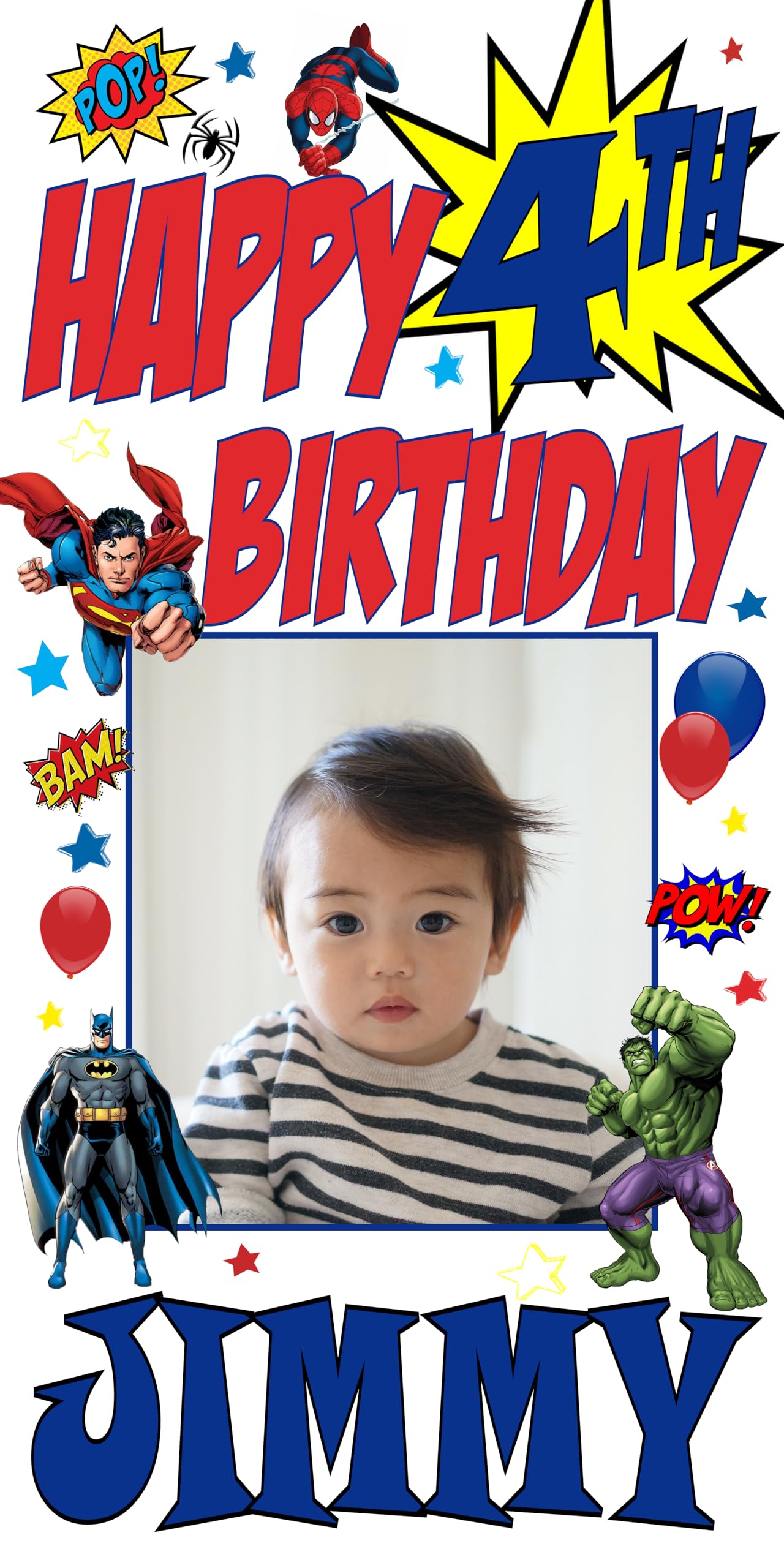 Large Personalised Superhero Birthday Banner for Boys Customised with Your Name Age and Photo - Vertical Door Poster 4ftx2ft — image 1