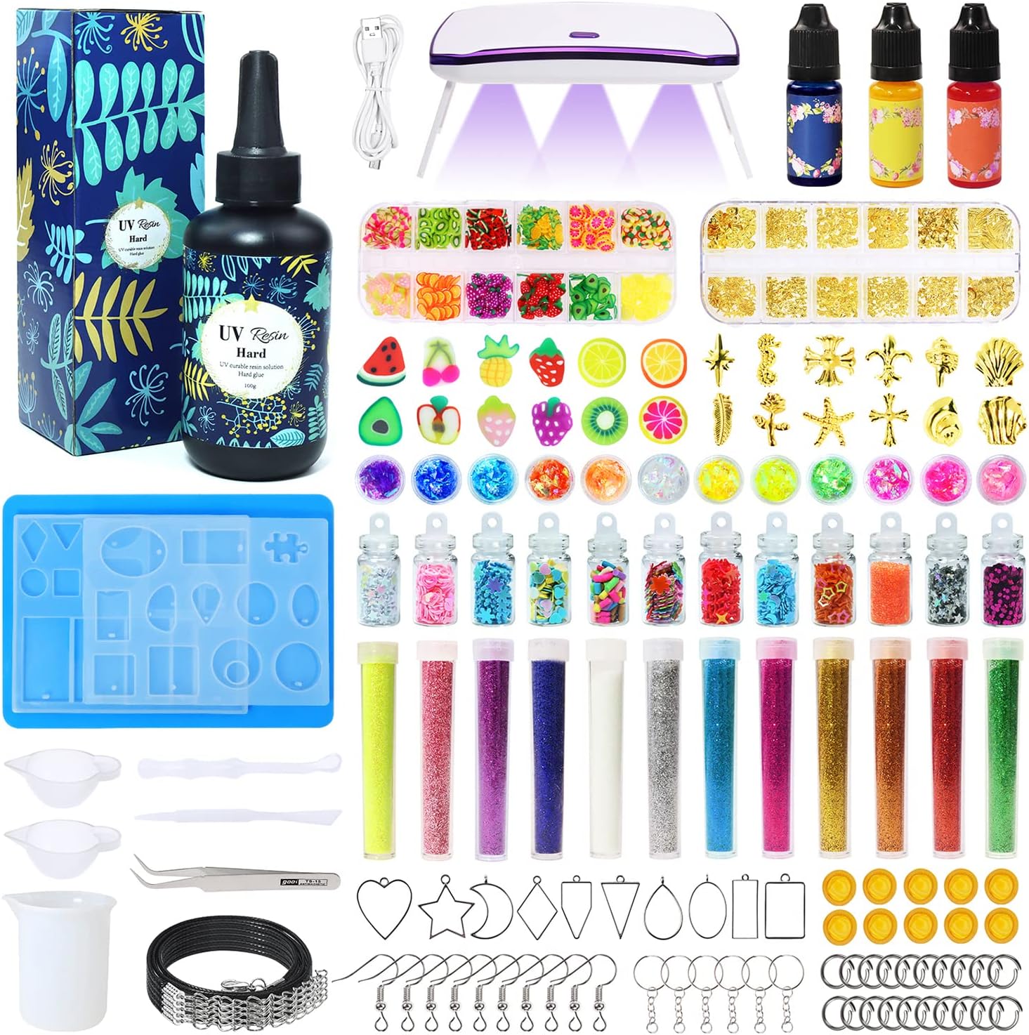 UV Resin Kit w/ Light, RANGEOF 145pcs UV Epoxy Resin Beginner Kit 36W UV Lamp 25 Silicone Molds 60 Decorations Accessories Pigments Glitters Sequins Mylar Flakes Pendants UV Resin Jewelry Making Kit
