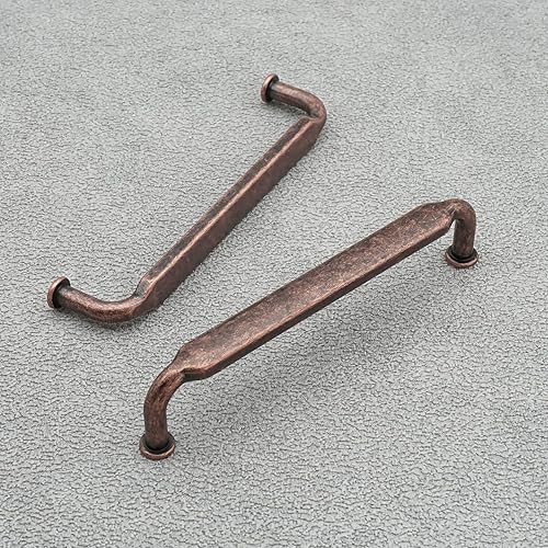 Miniatura 5 de Paquete de 10 tiradores de cobre antiguo de 5 pulgadas (5.039 in) con agujero central retro de bronce rojo para cajones, manijas vintage de cocina,