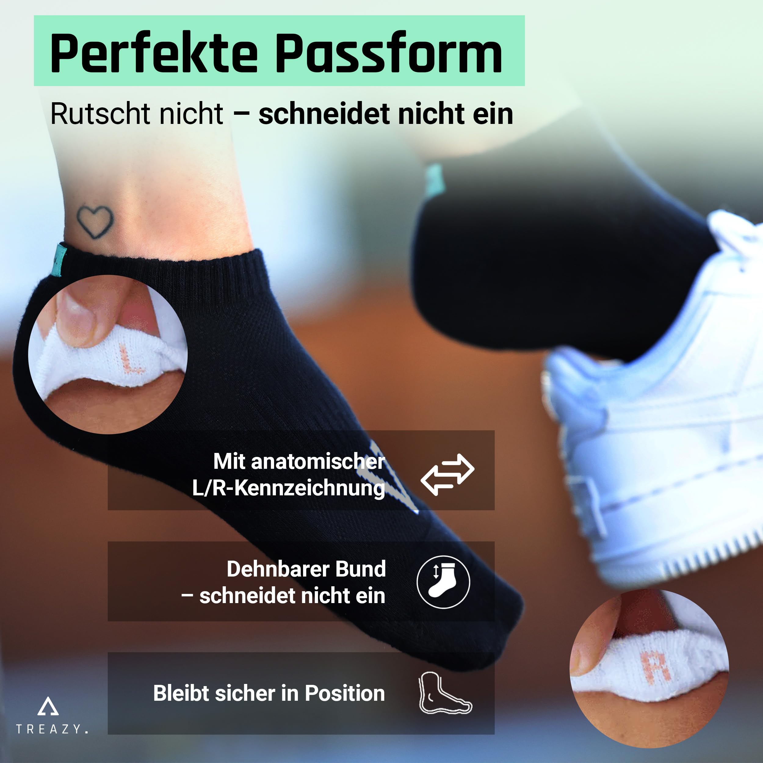 TREAZY Sneaker Socken aus Bio-Baumwolle – nachhaltig und fair produziert in Portugal – ohne Einschneiden, Anti-Loch-Socken, atmungsaktiv und langlebig im Alltag