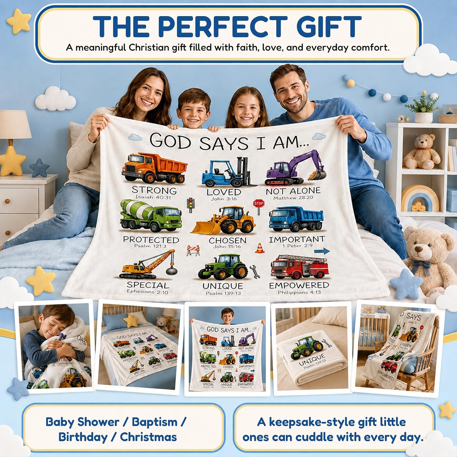 Christian Gifts for Boys, God Says I Am Construction Truck Throw Blanket 40"x50", Bible Verse Flannel Blanket for Kids, Religious Birthday for Truck Lovers (God Says 02)