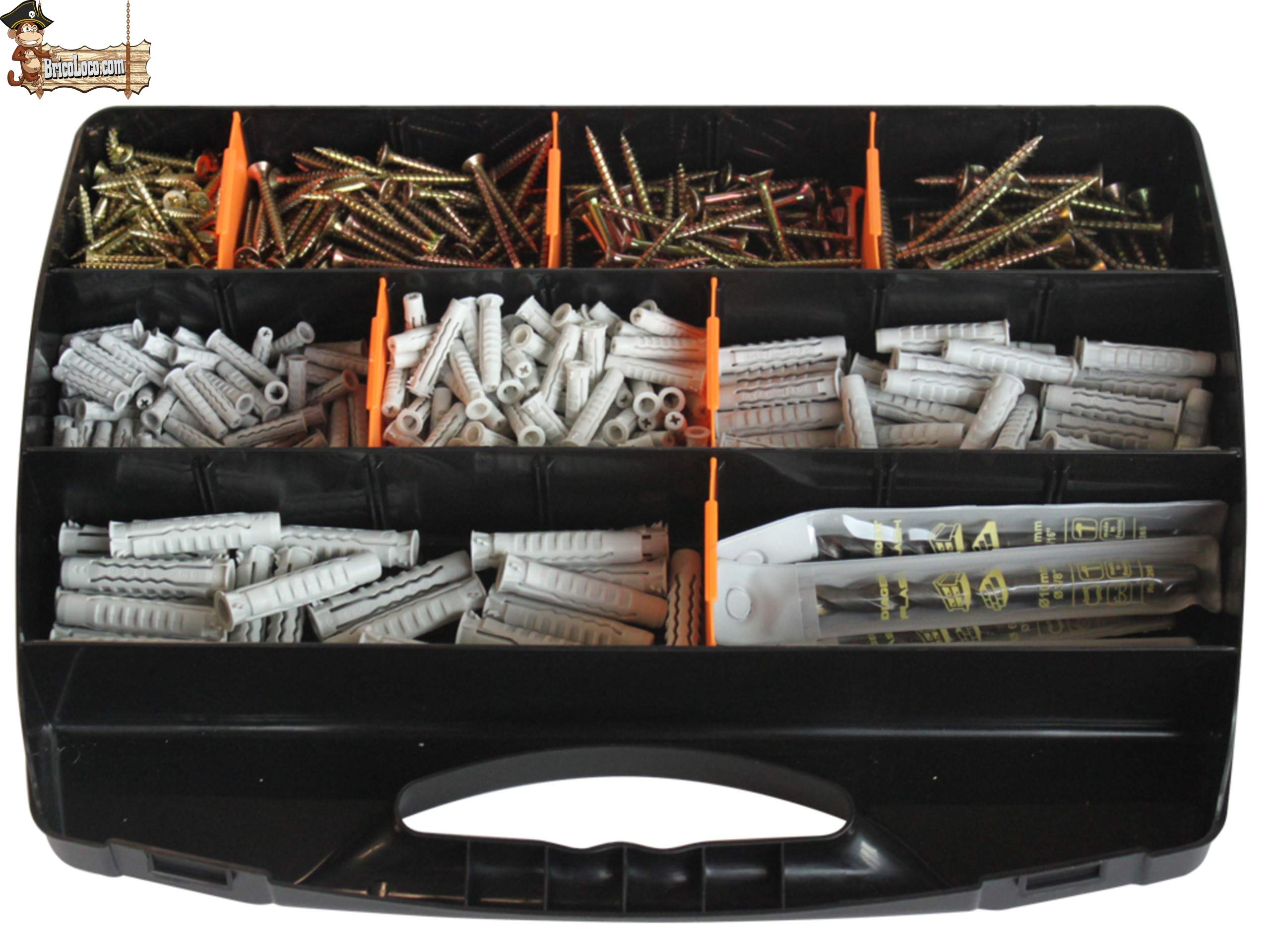 BricoLoco Kit regalo bricolaje. Maletín surtido 554 piezas tornillos, tacos, y brocas + Maletín caja herramientas completo 78 piezas. Todo lo necesario para el bricolaje del hogar.