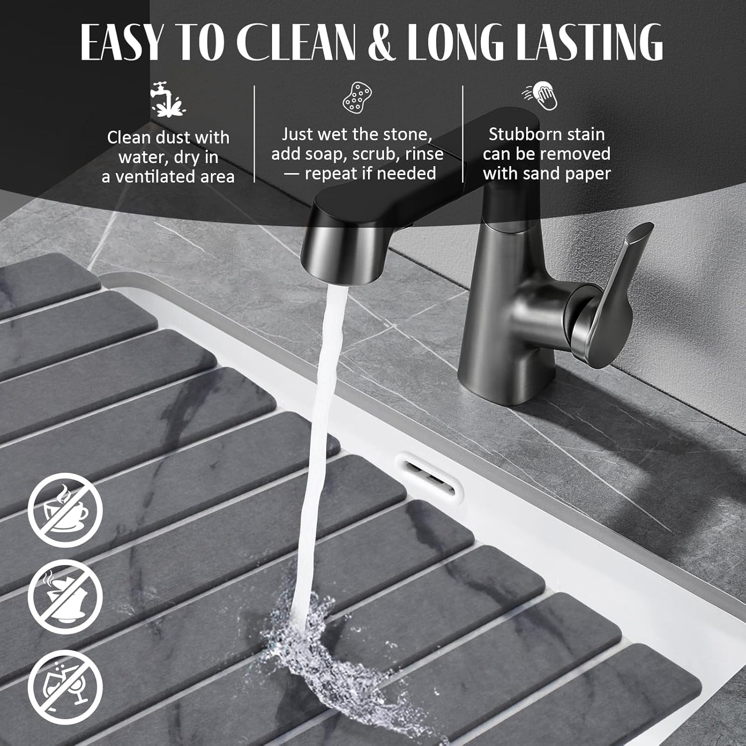 Stone Dish Drying Mats for Kitchen Counter, 24"(L)×16"(W) Marble-Pattern Dish Drying Mat, Eco-Friendly Absorbent Diatomaceous Earth Mats for Dishes Bottles Cups, Match Any Countertop【 Dark Grey】