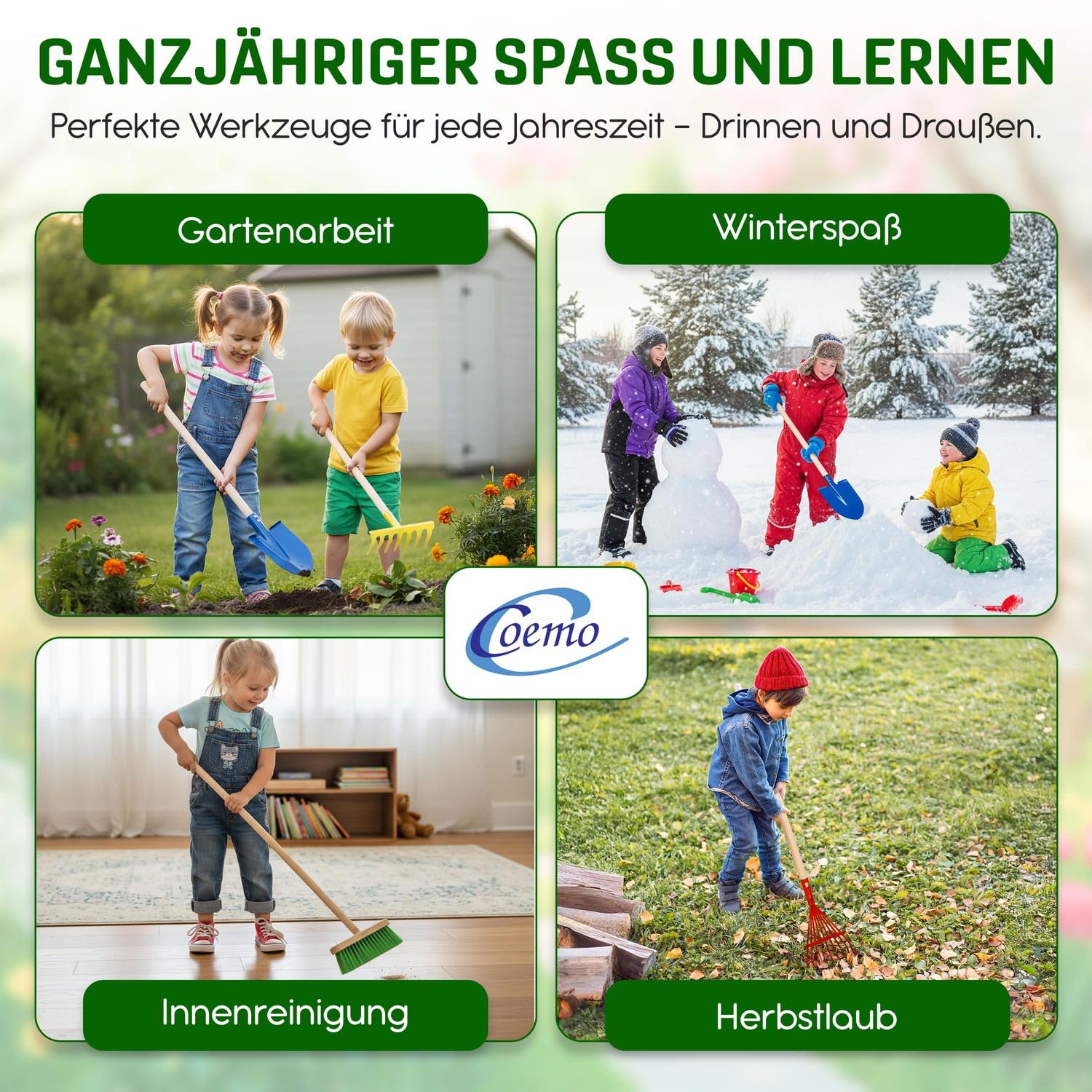 Coemo Juego de herramientas de jardín para niños, juego de 5 piezas para niños, pala, escoba, rastrillo, rastrillo, pala y escoba de hojas, para niñas y niños a partir de 3 años, para jardín, arenero