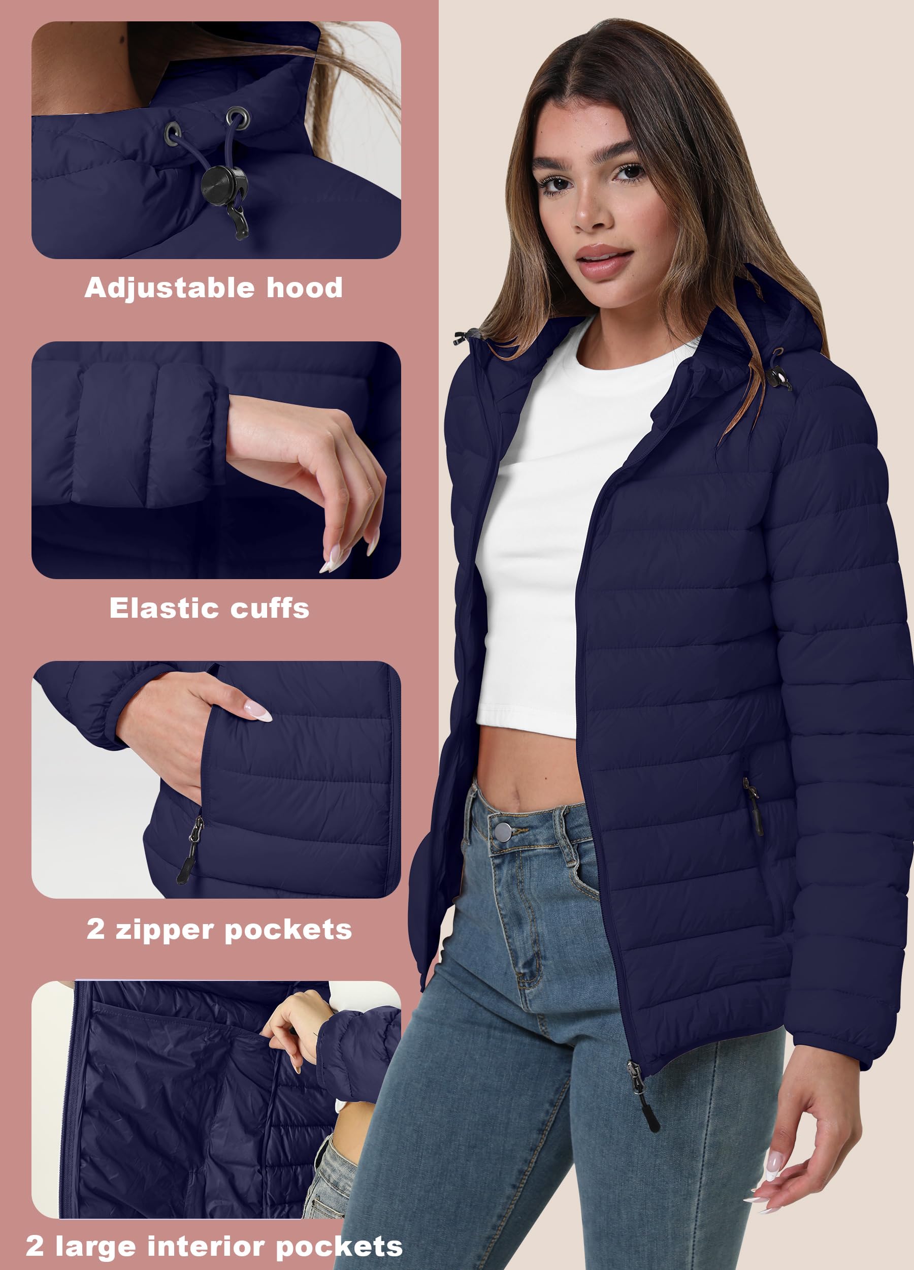 Veste matelassée légère pour femme - Veste rembourrée pliable avec capuche - Veste d'hiver chaude - Légère - Automne et hiver