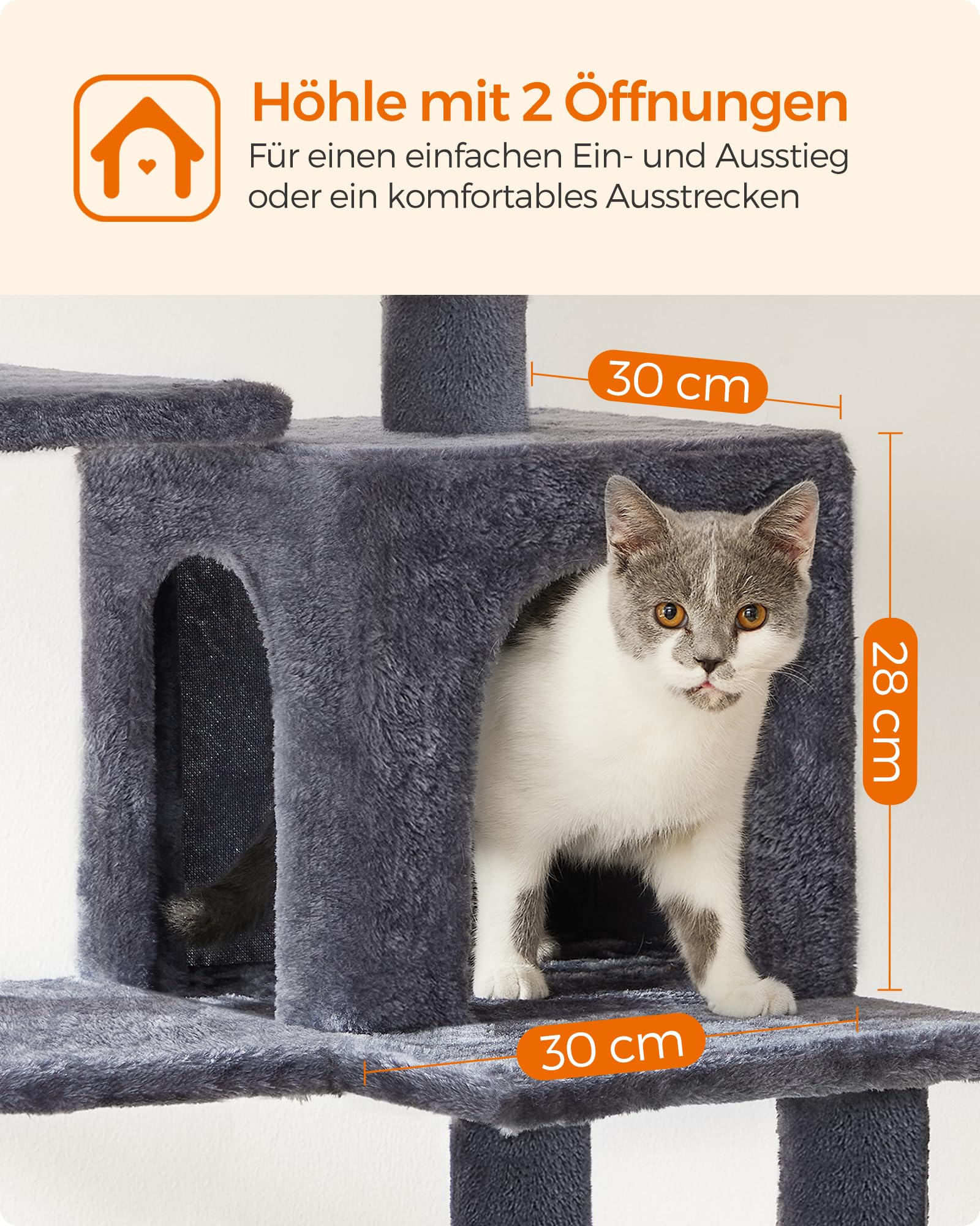 Feandrea Kratzbaum, 143 cm hoch, Katzenbaum, mehrstöckiges Katzenhaus, mit 4 Kratzsäulen, 2 Plattformen, Hängematte, Höhle, rauchgrau PCT161G01