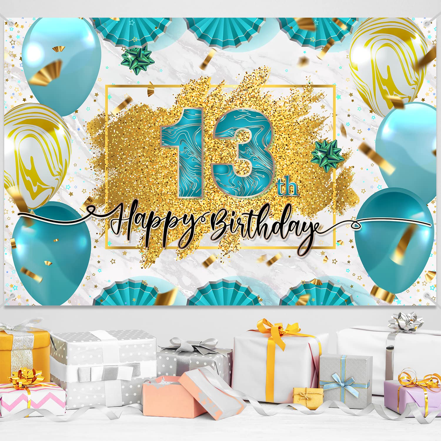 Teal Gold Happy 13th Birthday Backdrop Banner Decorations 13 Years Old Bday Background for Girls Boys Photography Party Decor Supplies Glitter