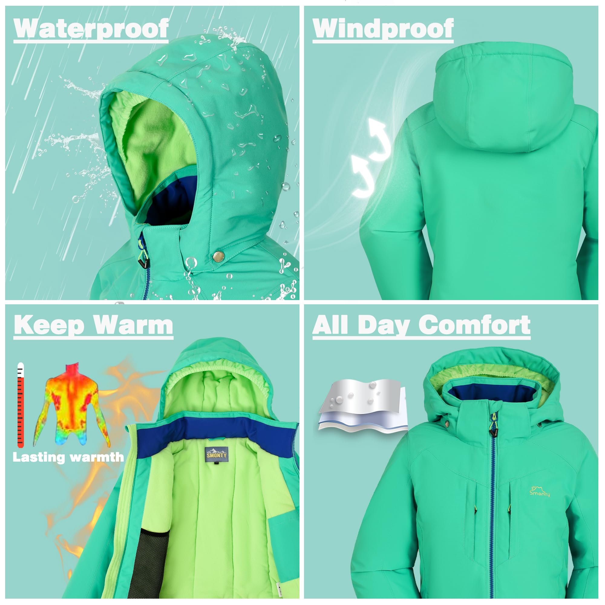 SMONTY SNOWER Tuta da Sci per Bambine con Cappuccio Staccabile, Completo da Sci, Super Caldo, Tuta Invernale per Bambina, Ragazza, Neve, Freddo, Impermeabile, Montagna, Sport Invernali, Regalo