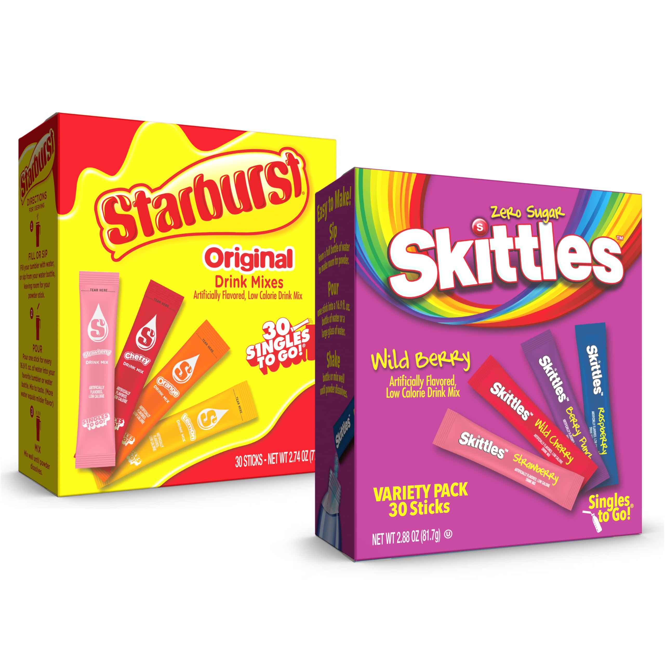 Skittles & Starburst Singles To Go Wild Berry & Starburst Flavors Variety Pack, Watertok Powdered Drink Mix, Zero Sugar, Low Calorie, Includes 4 Wild Berry & 4 Starburst Flavors, (60 Single Servings)