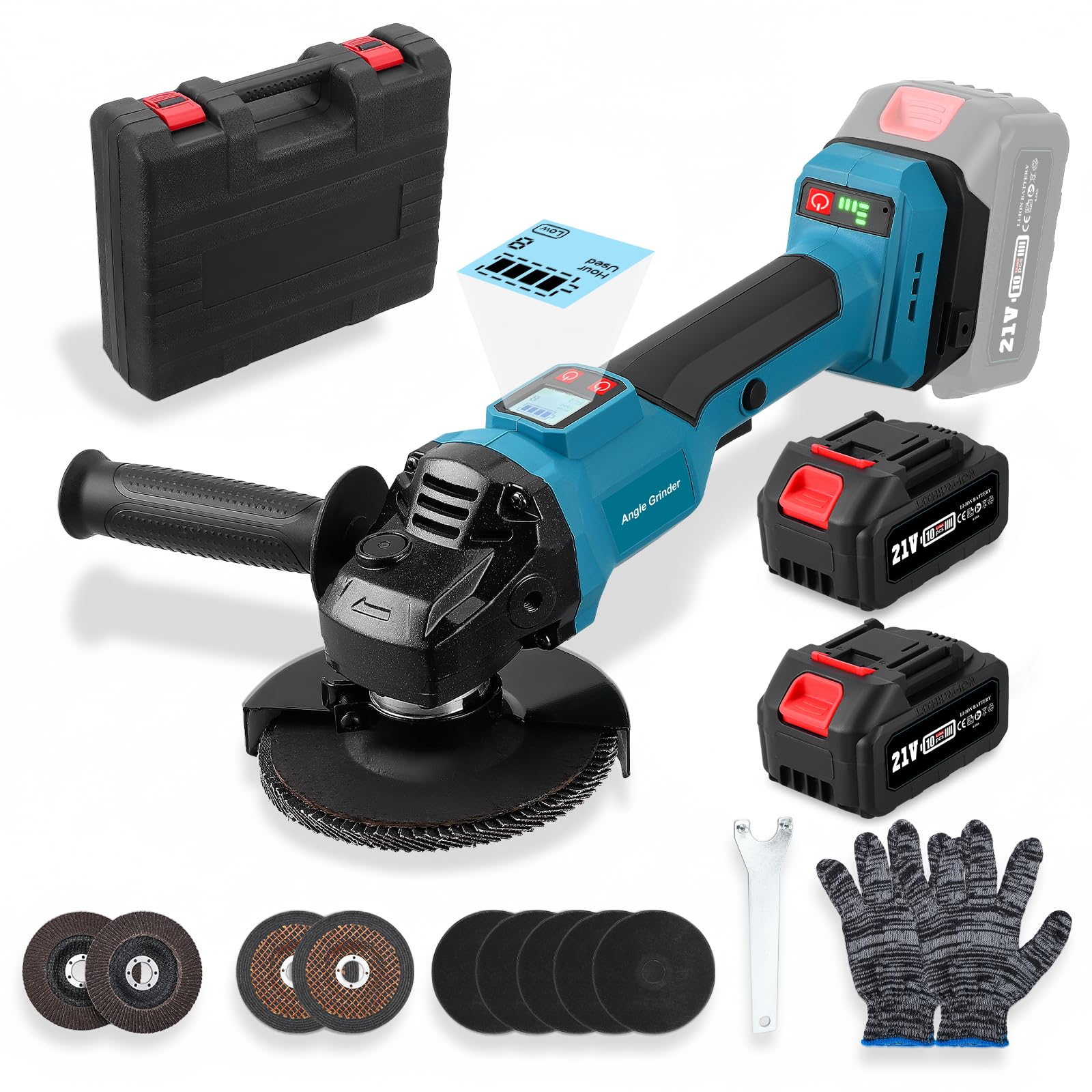 Smerigliatrice angolare a batteria Trsaow con 2 batterie da 4000 mAh, motore brushless da 800 W, 3 velocità e display LCD, 3 dischi abrasivi per metallo, pietra