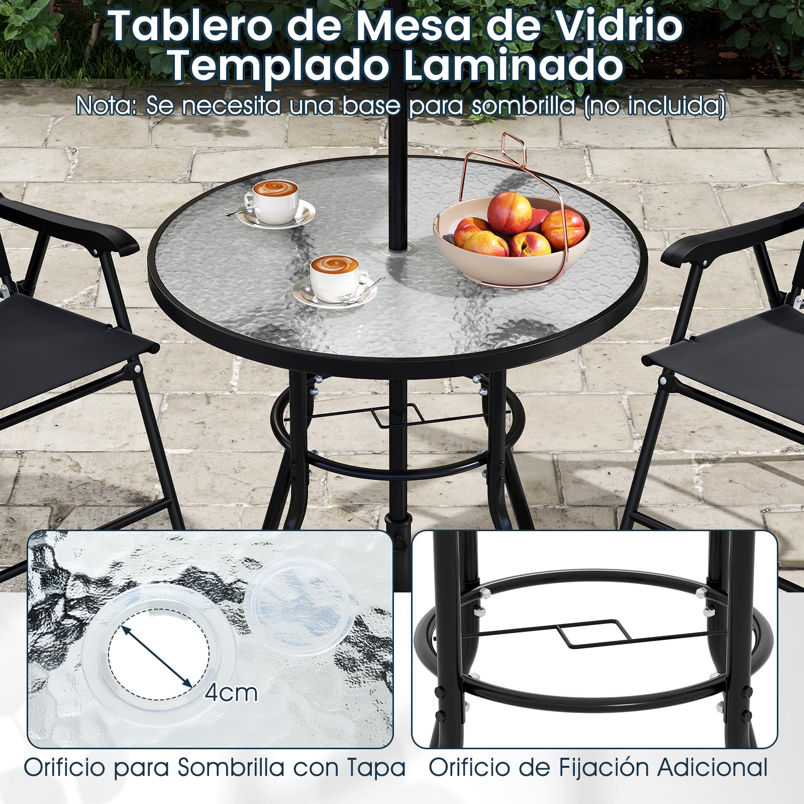 COSTWAY Conjunto Jardin Exterior de 6 Piezas, Mesa Redonda de Vidrio Templado, 4 Sillas Plegables con Brazos y Sombrilla, Muebles Comedores Jardin Terraza Balcon Exterior