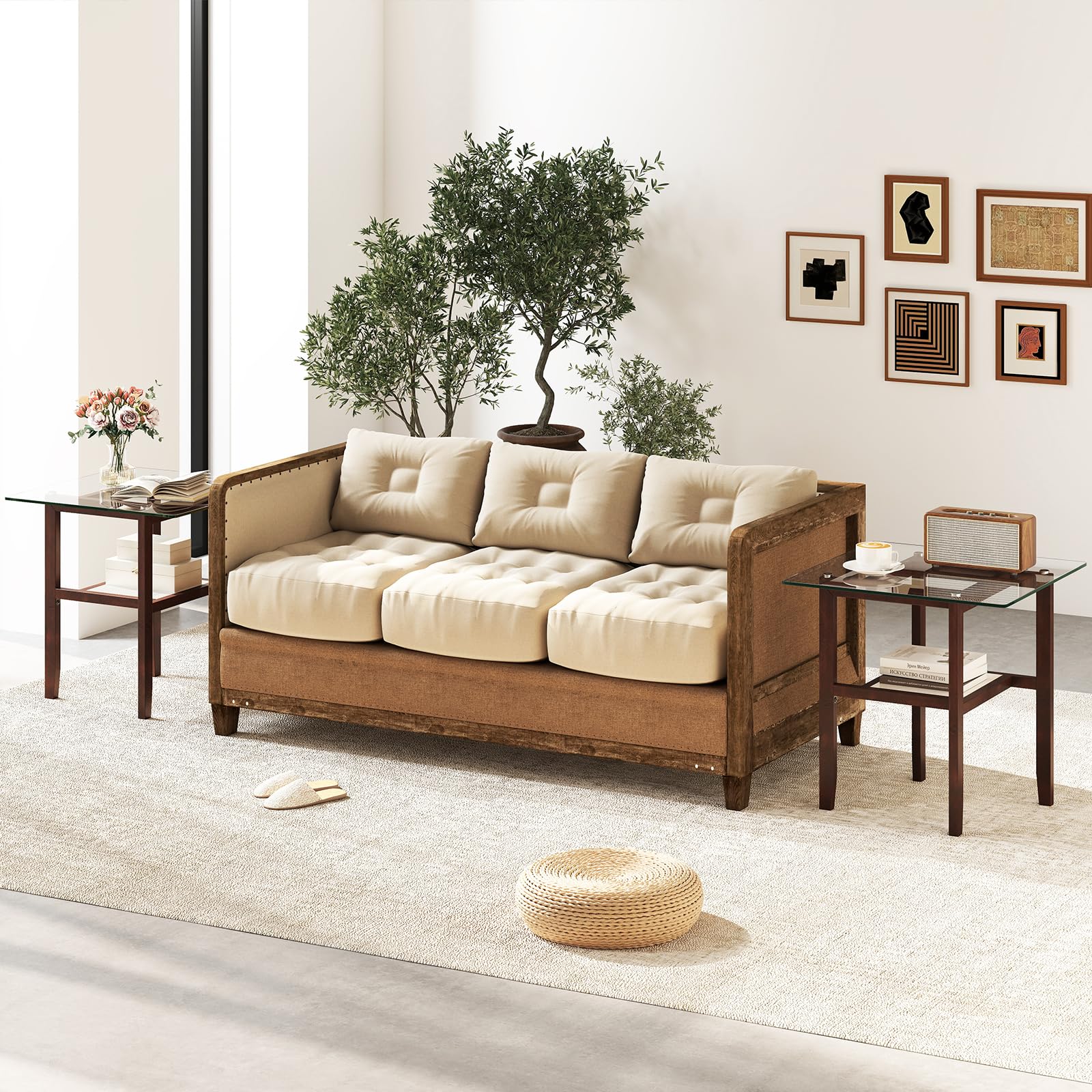 LIFEZEAL Tavolino da Divano, Tavolino Laterale da Caffè, da Soggiorno, in Legno Massello e Vetro Temperato, a 2 Ripiani, Vintage, Basso, Max 68 kg, 61x61x62 cm, Montaggio Semplice, Marrone Rustico