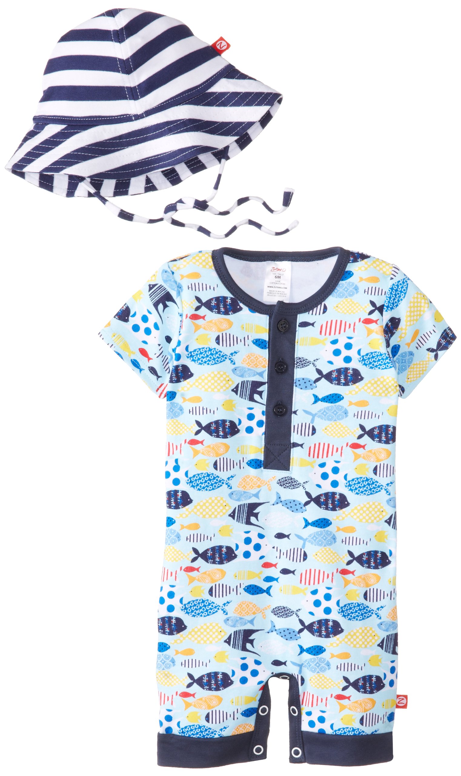 Zutano Baby Boys Sunfish Henley Bodysuit and Sun Hat Set