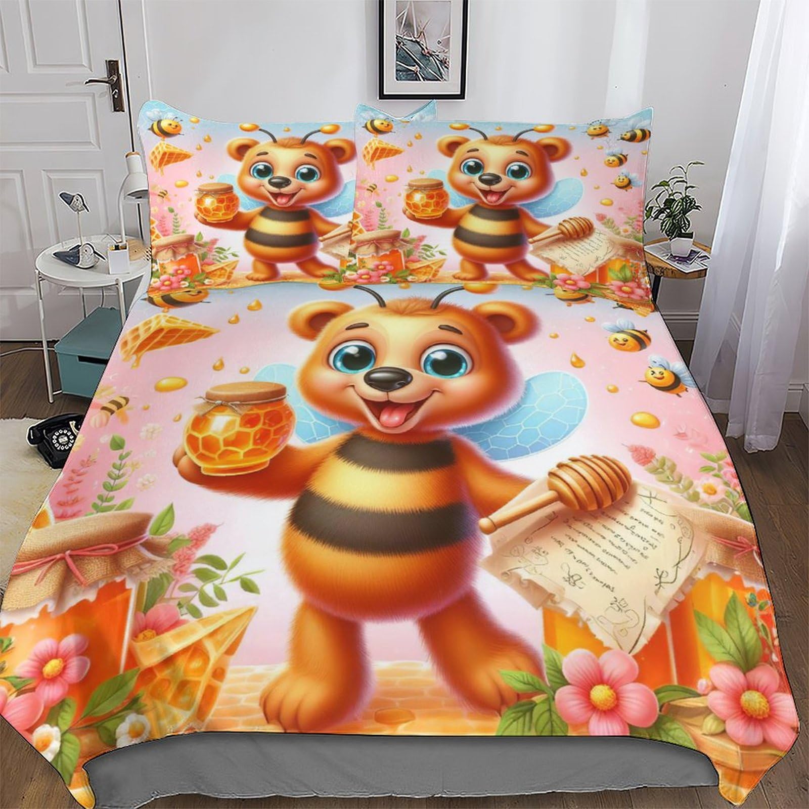 Housse de couette ours 200x200 parure lit enfant ado double 3 pièces