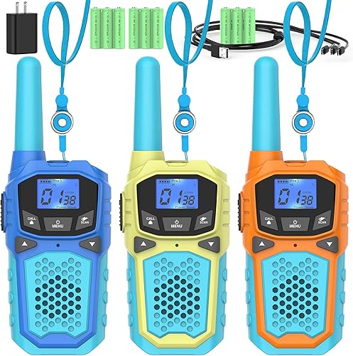 Walkie Talkies para niños, paquete de 3 recargables, Walkie-Talkies de largo alcance para niños y adultos, accesorios de campamento al aire libre,